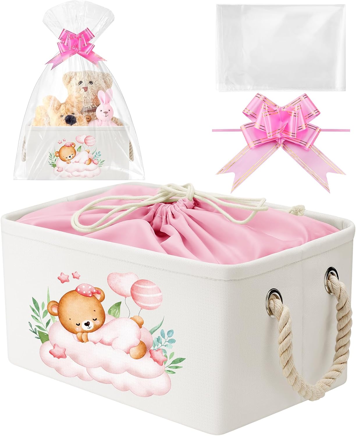 Pickmesh Pink Bear Baby Storage Basket with Handles