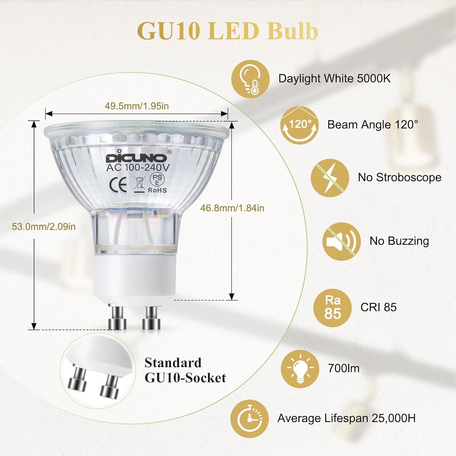DiCUNO GU10 LED Light Bulbs 6 Pack 60W Halogen Replacement