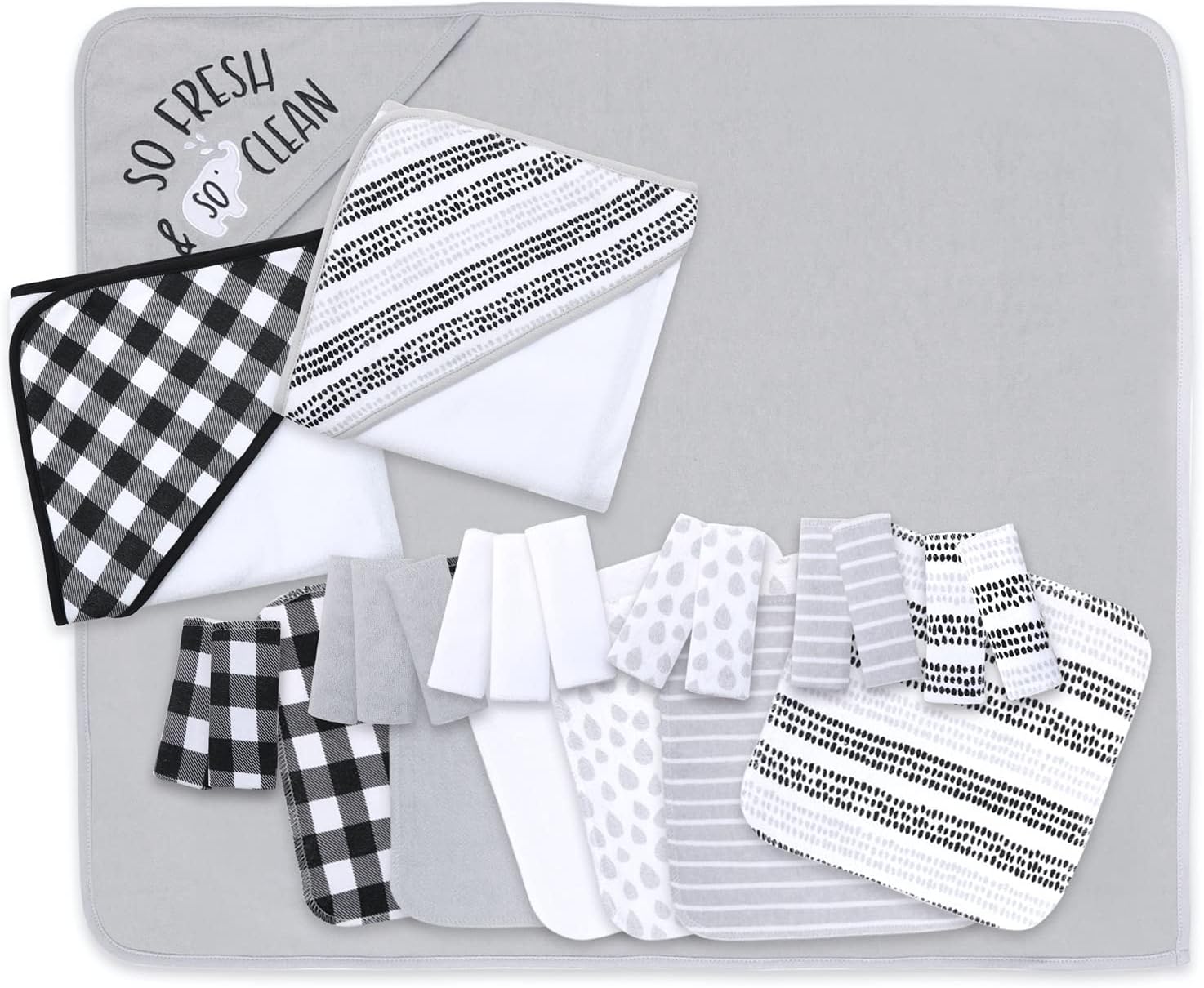 The Peanutshell Baby Hooded Towel Set - 23 Piece Black Plaid and Stripe