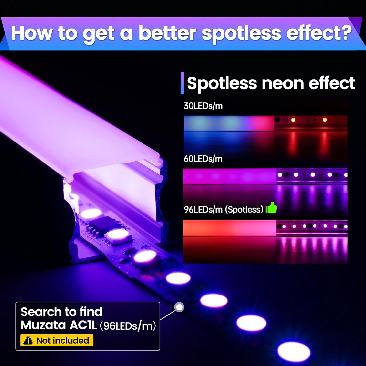 Muzata 164FT RGB LED Strip Light 96LEDsm with Frosted Diffuser Cover