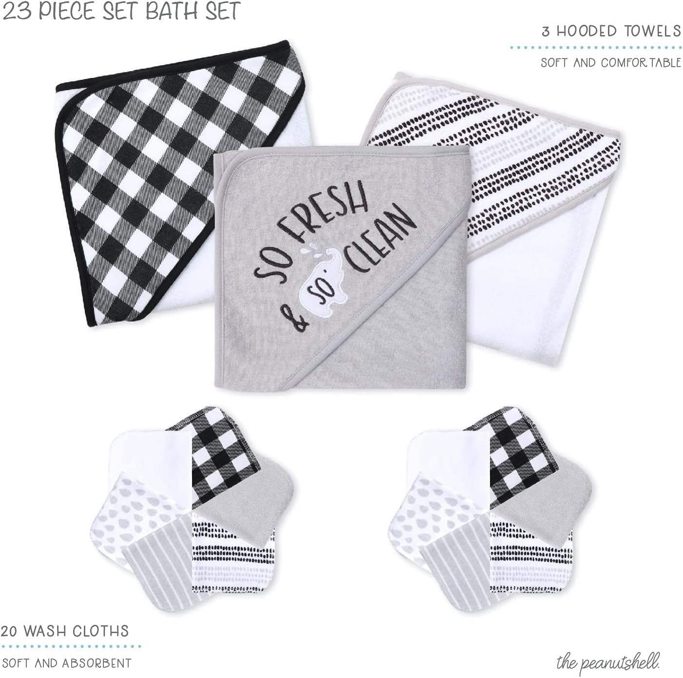 The Peanutshell Baby Hooded Towel Set - 23 Piece Black Plaid and Stripe