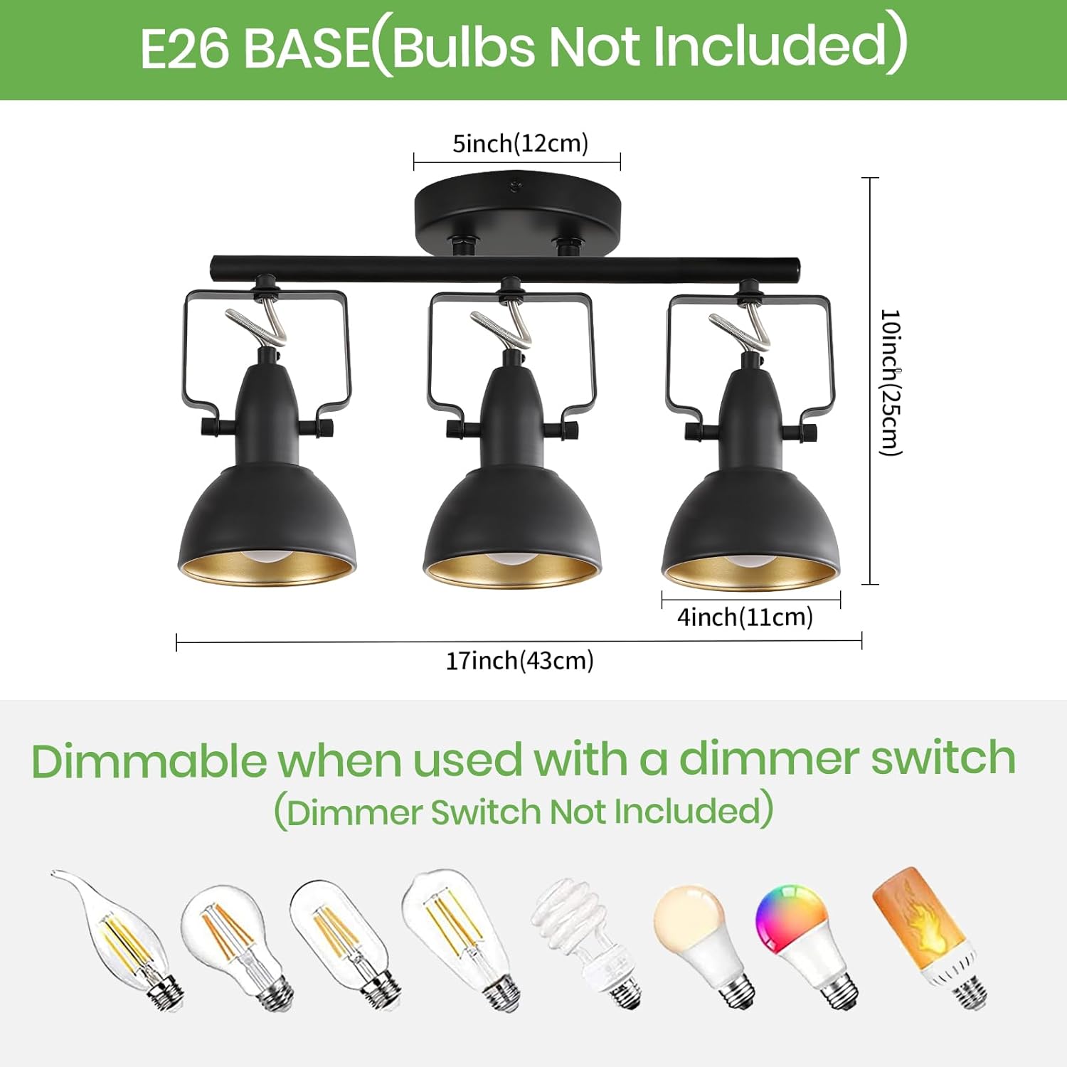 MUEOF Industrial 3-Light Track Lighting Black Ceiling Spotlight