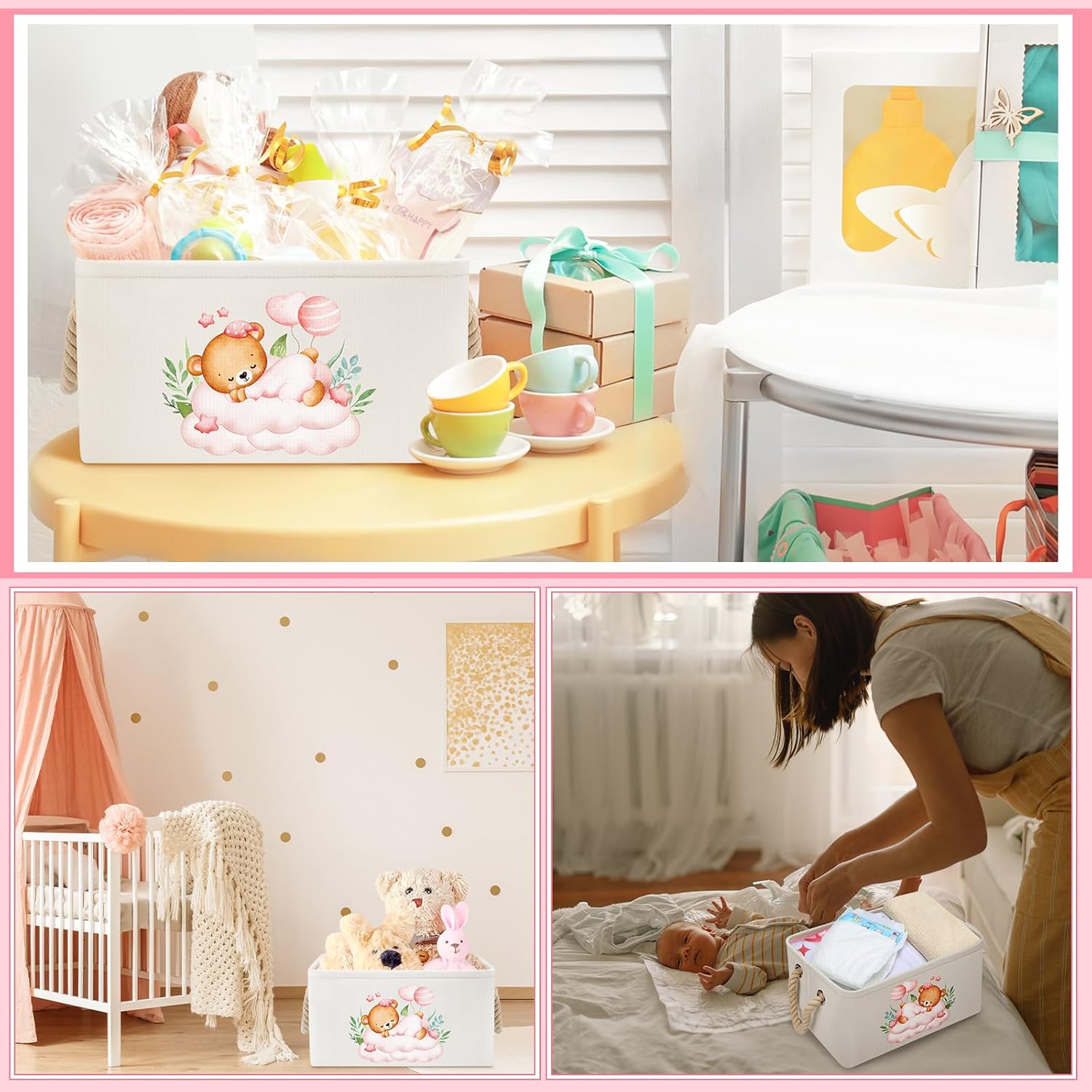 Pickmesh Pink Bear Baby Storage Basket with Handles