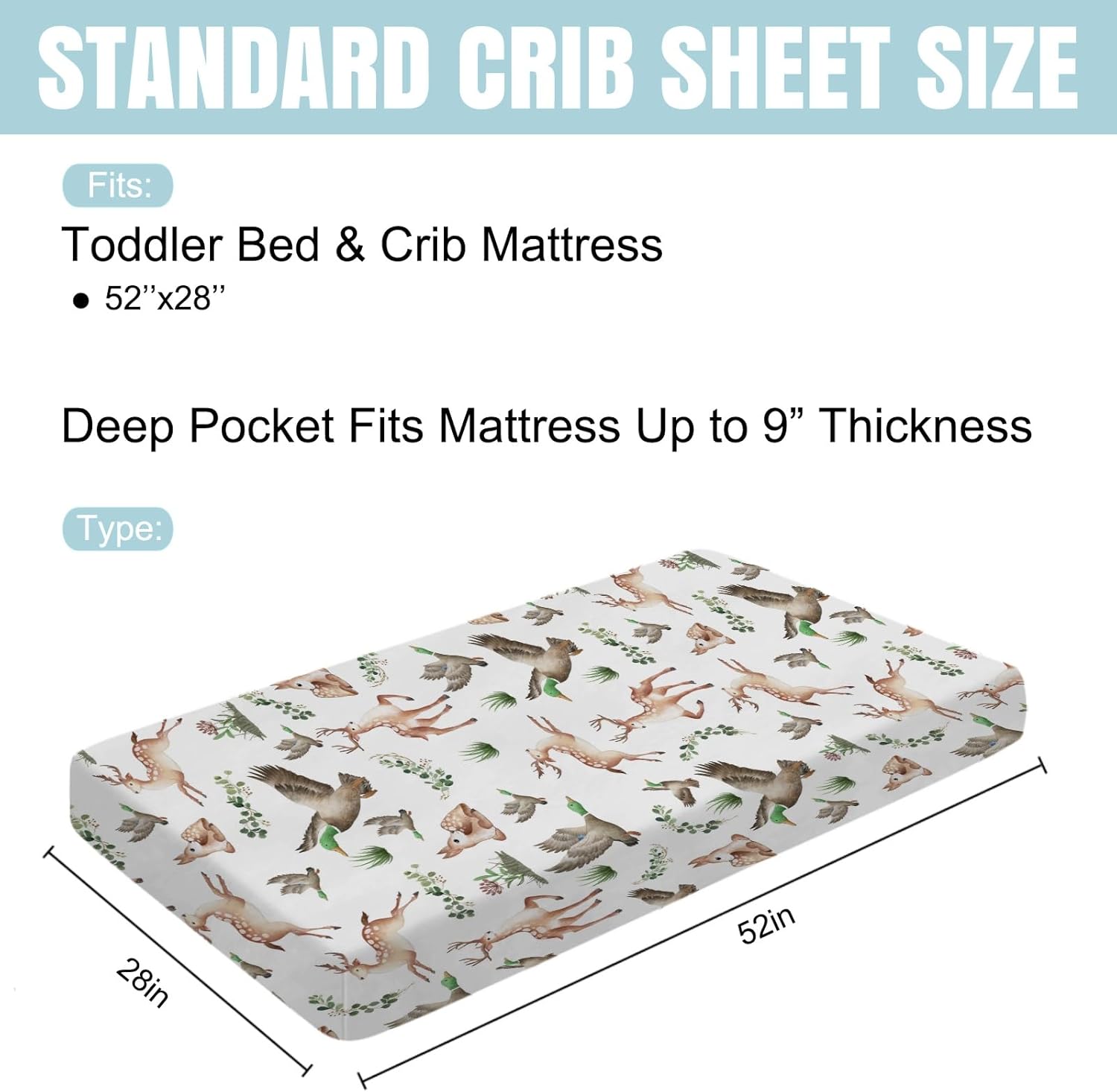 KASTLEE Crib Sheets with Deer and Duck Print 52x28 Soft Breathable