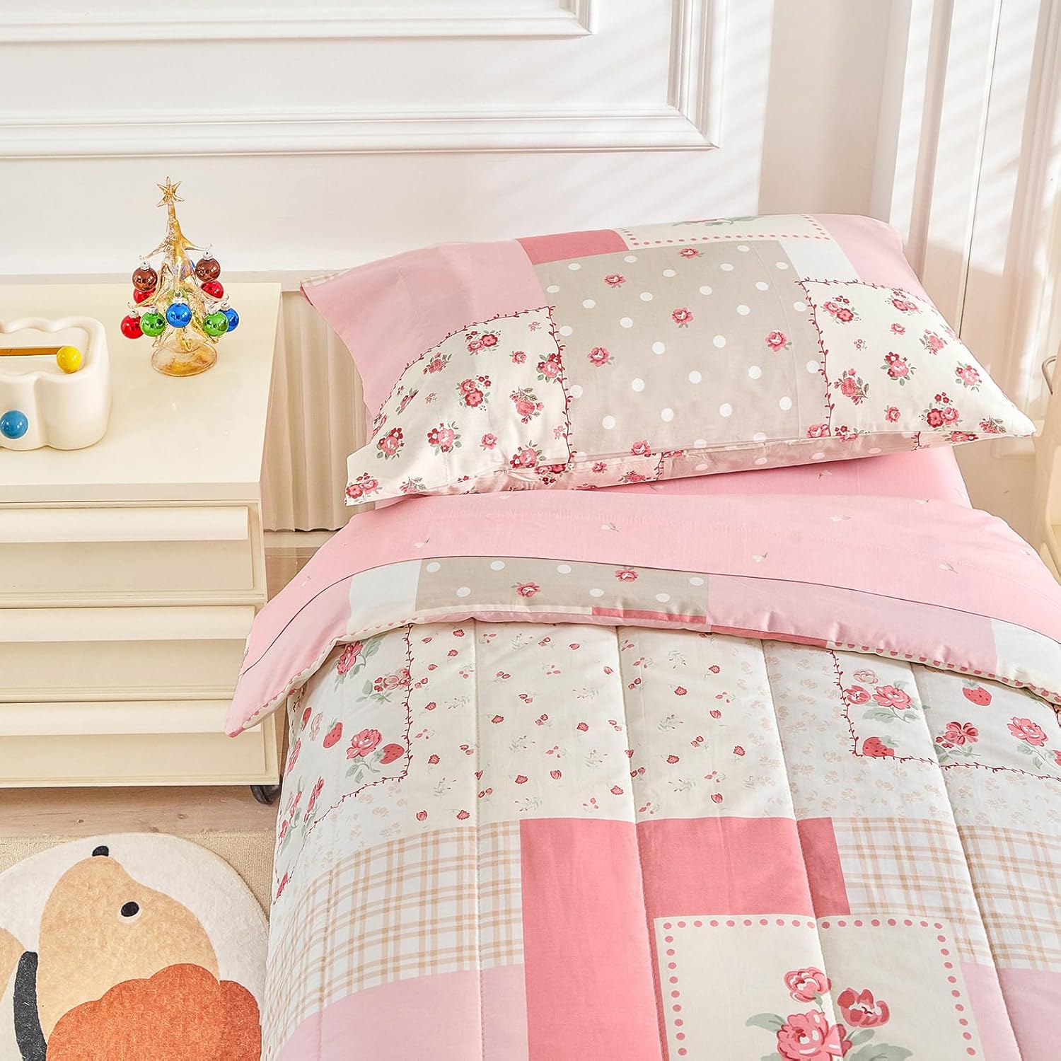 Joyreap 4-Piece Toddler Bedding Set - Pink Flower Plaid