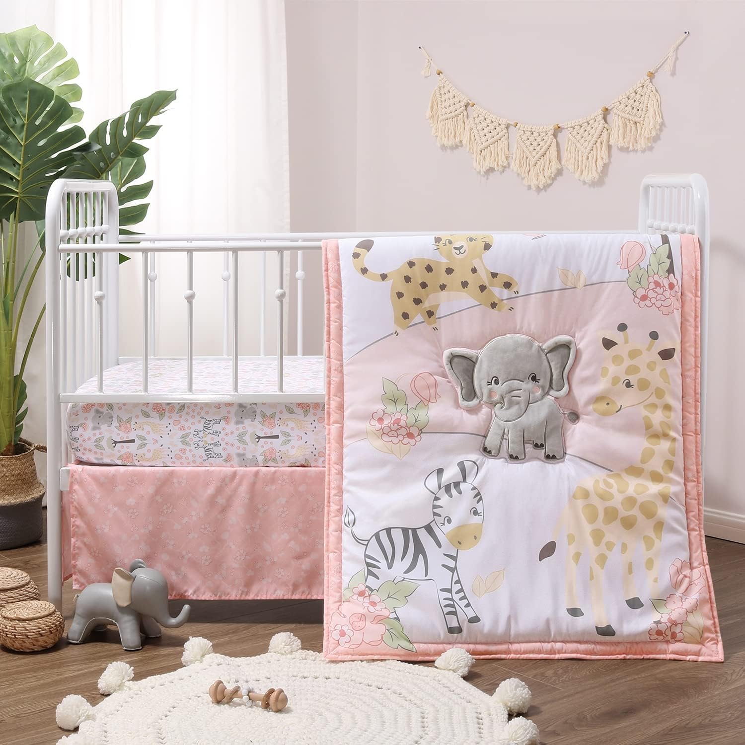The Peanutshell 3 Piece Baby Crib Bedding Set for Girls - Safari Adventure