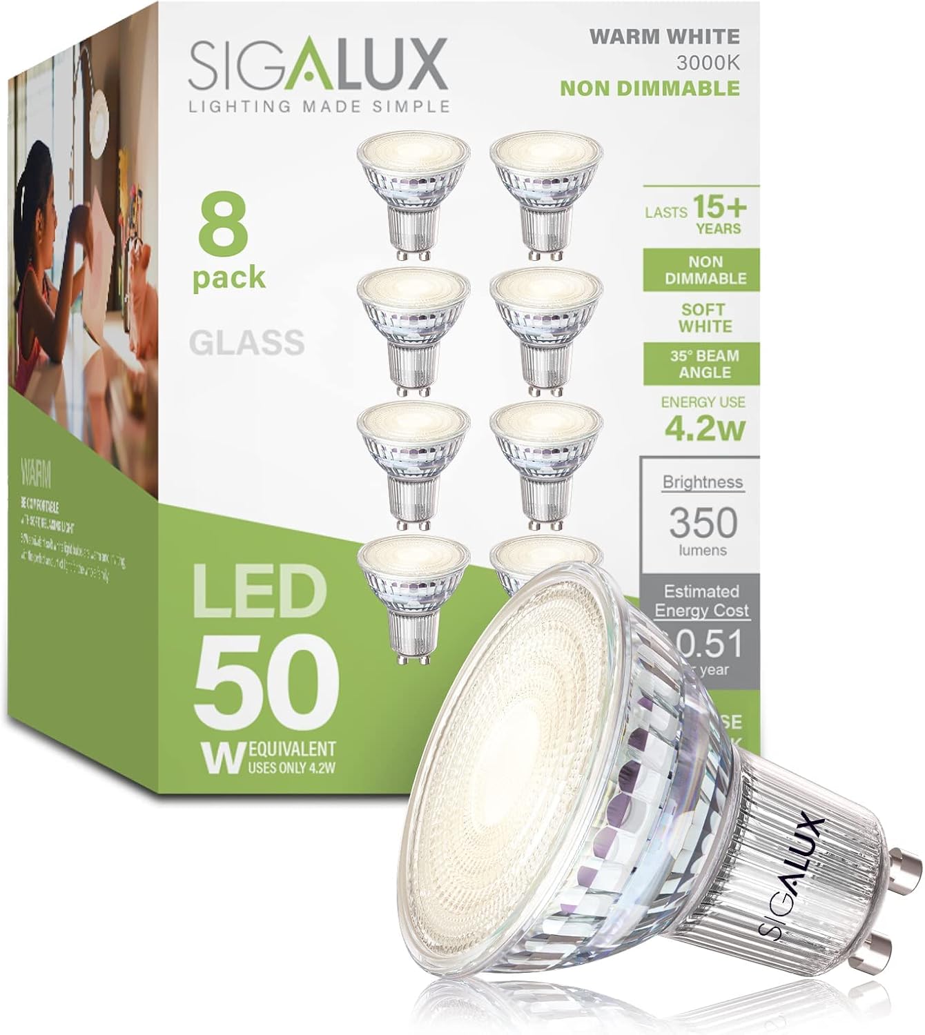 Sigalux 8 Pack GU10 LED Bulbs 50W Equivalent 3000K Warm White Non-Dimmable