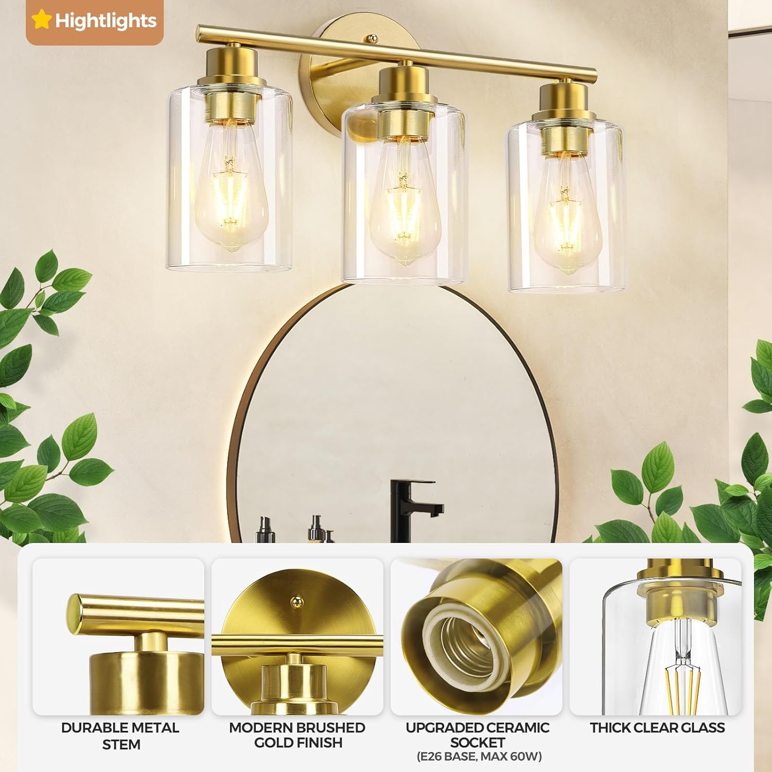 CRIRY 3 Light Brushed Gold Vanity Light Fixtures Over Mirror Wall Sconces