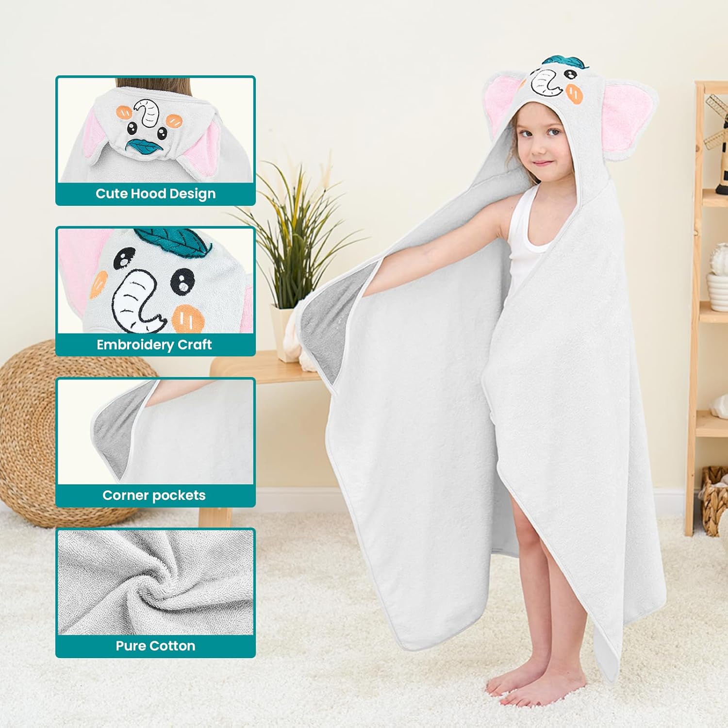 Style Quarters Gray Elephant Hooded Towel for Kids