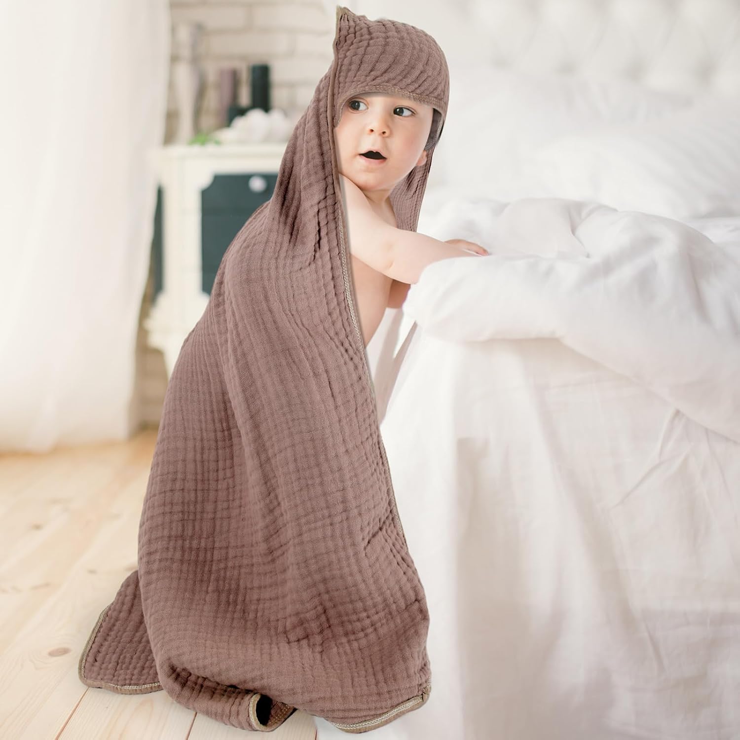 Peryiter Muslin Hooded Baby Towel 32x32 Inch Cotton Towel for Newborn