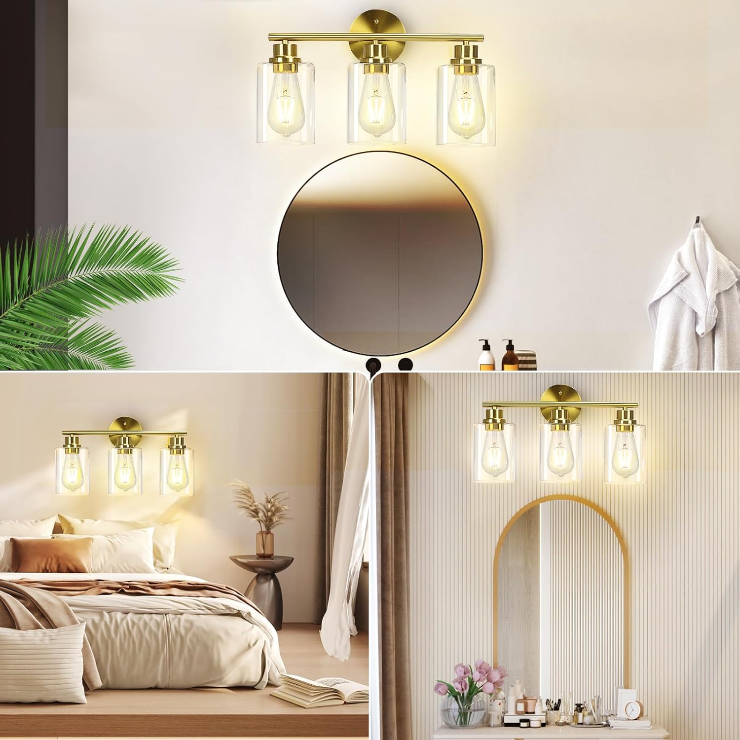 CRIRY 3 Light Brushed Gold Vanity Light Fixtures Over Mirror Wall Sconces