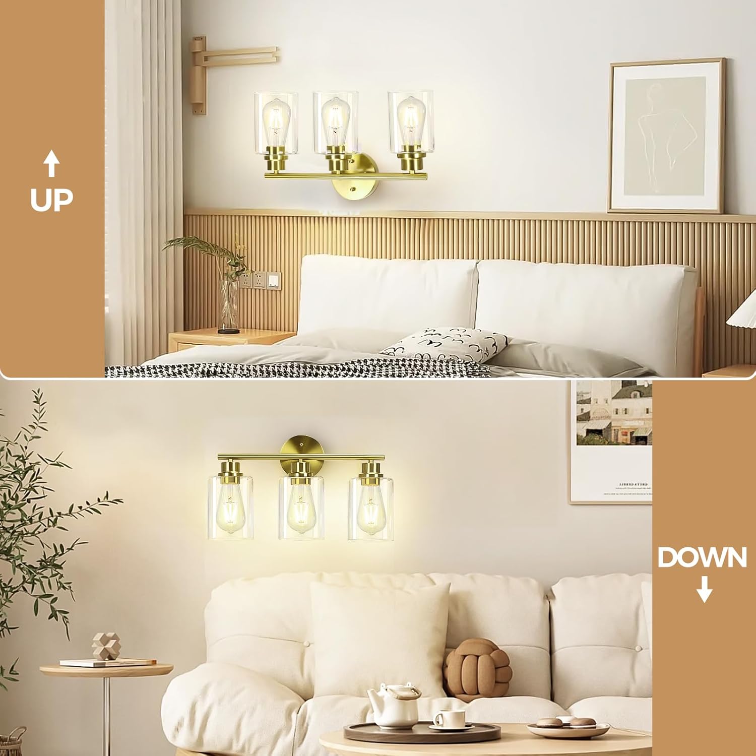 CRIRY 3 Light Brushed Gold Vanity Light Fixtures Over Mirror Wall Sconces