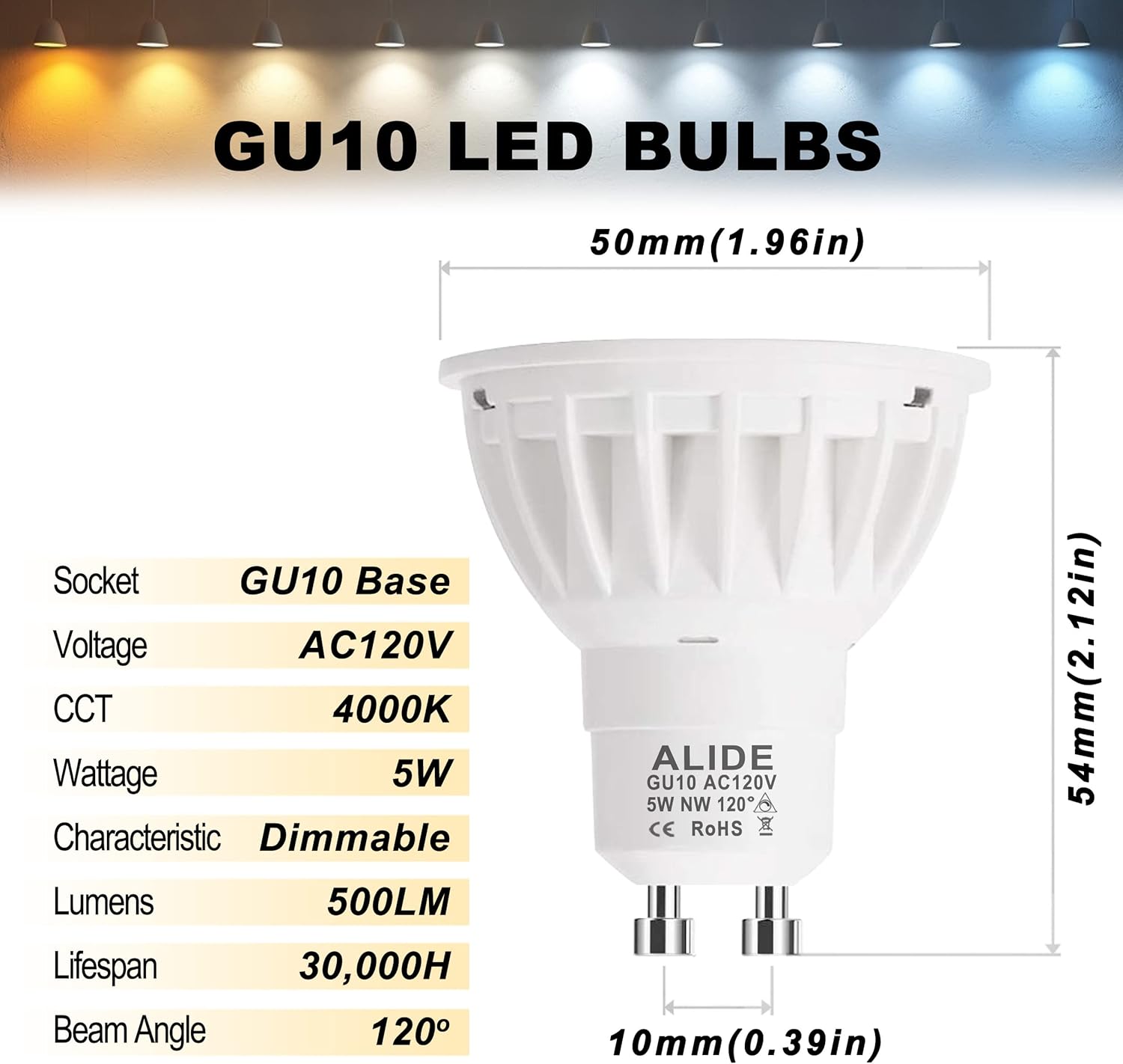 ALIDE Dimmable GU10 LED Flood Light Bulbs 120V 6Pack Wide Beam 120 Deg