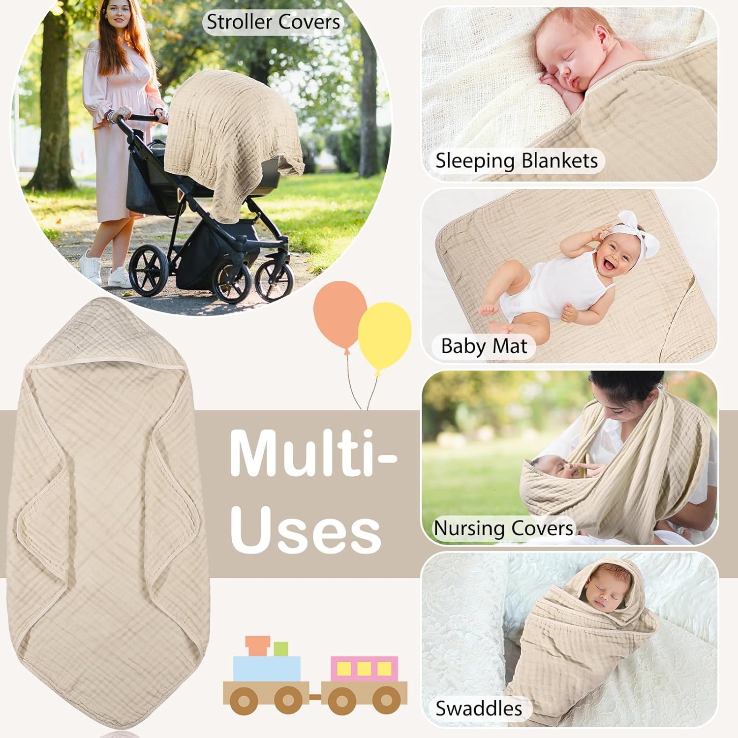 Peryiter Muslin Hooded Baby Towel - 32x32 Inch Absorbent Newborn Bath Towel