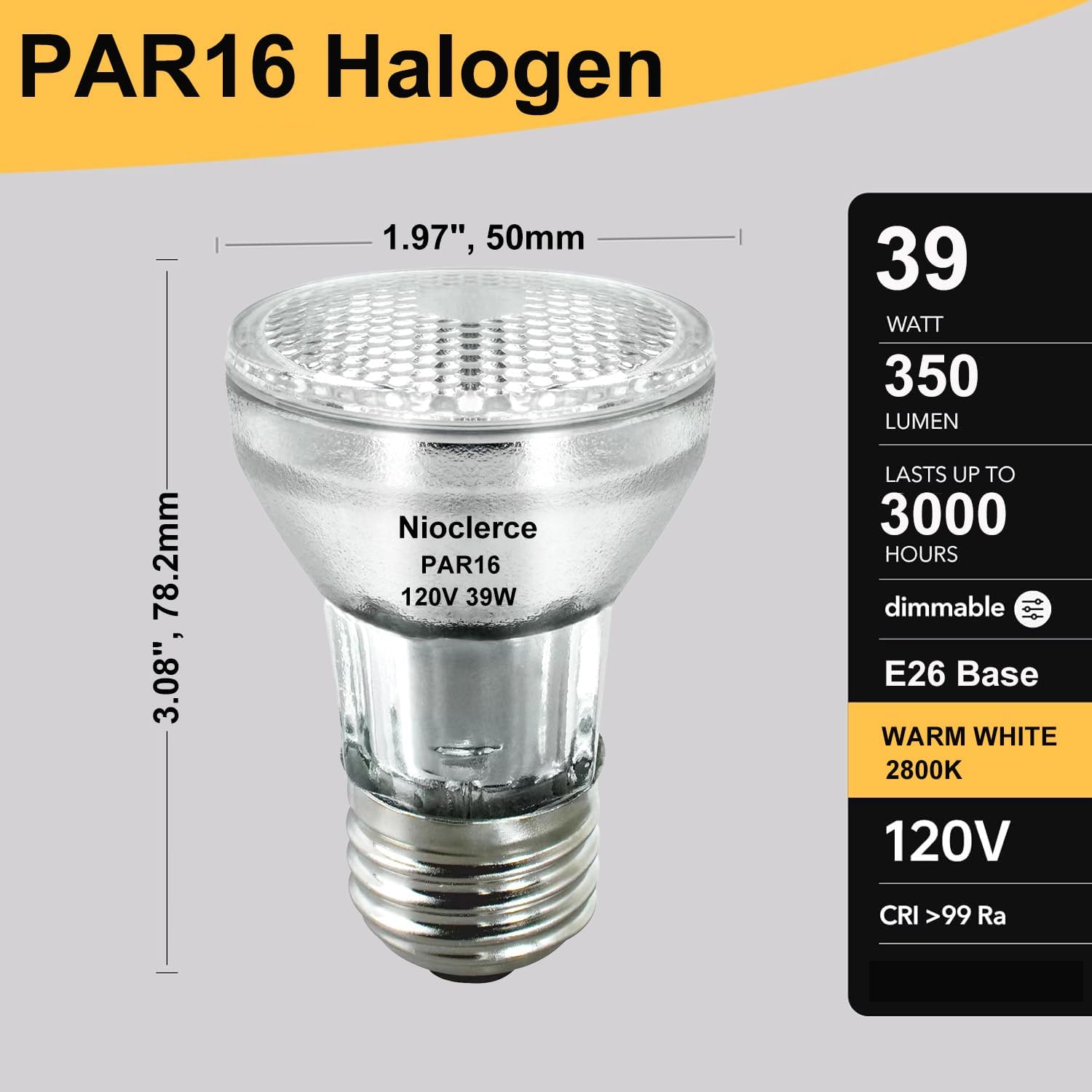 Nioclerce PAR16 Halogen Bulb 39W 6 Pack Warm White Dimmable