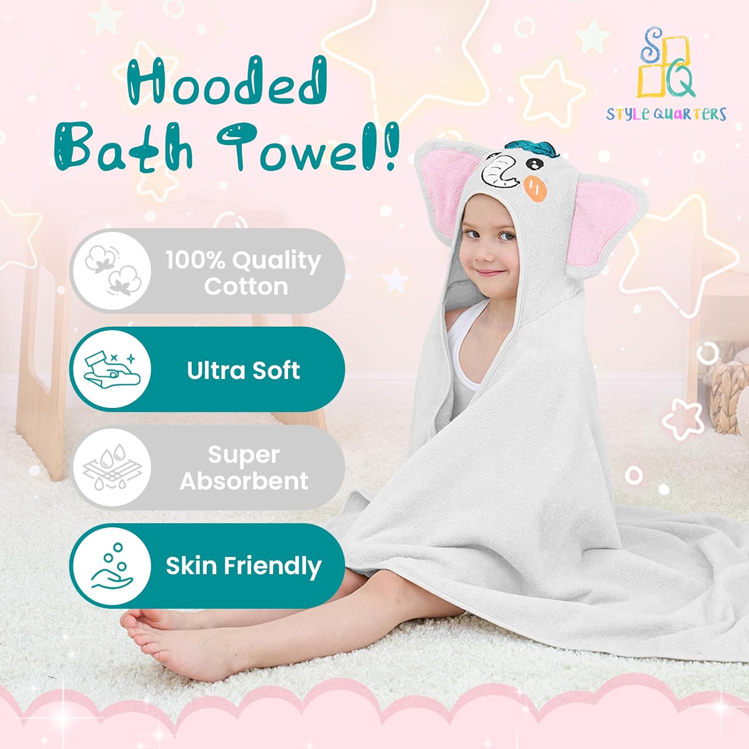 Style Quarters Gray Elephant Hooded Towel for Kids