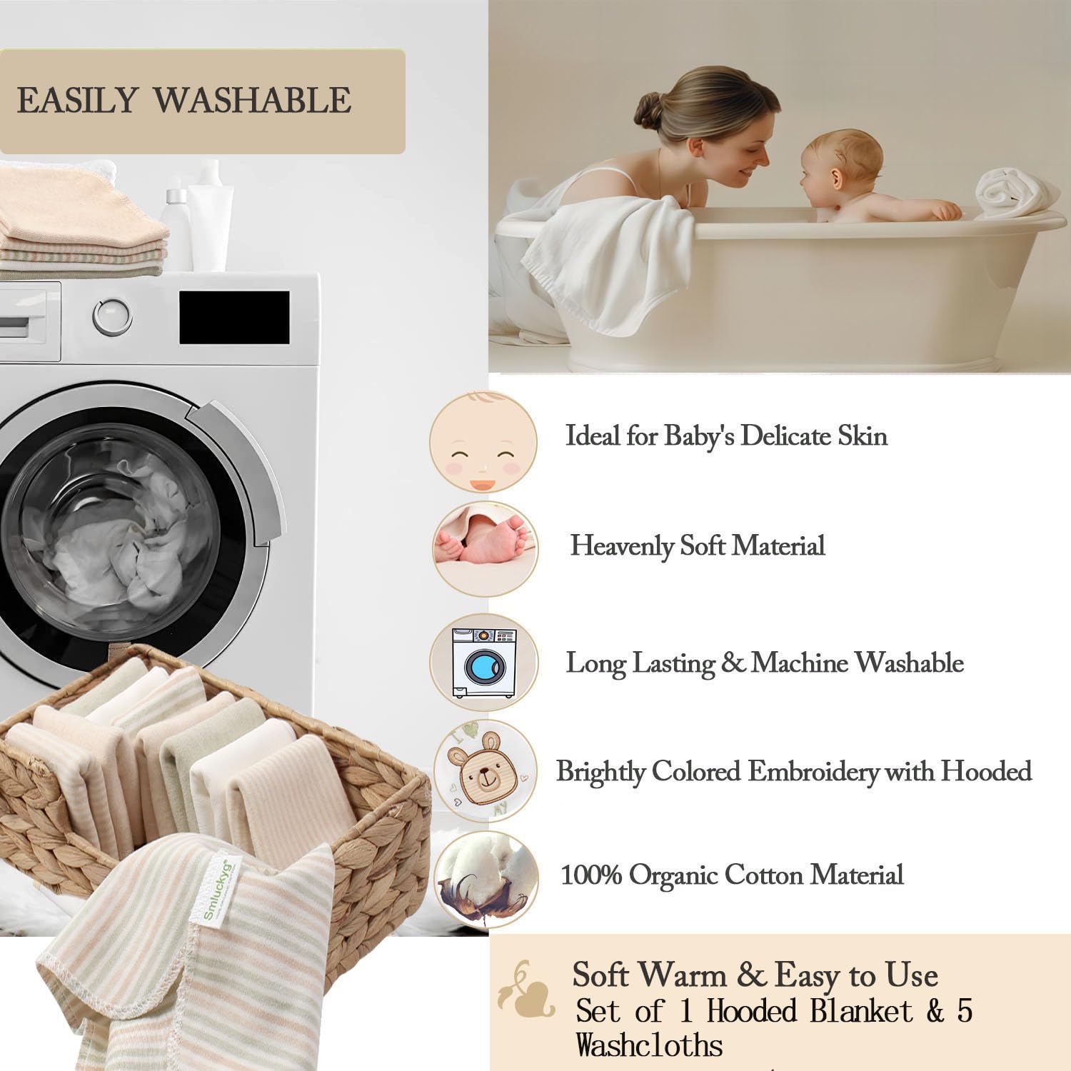 6 Pack Baby Hooded Towel and 5 Washcloths Set