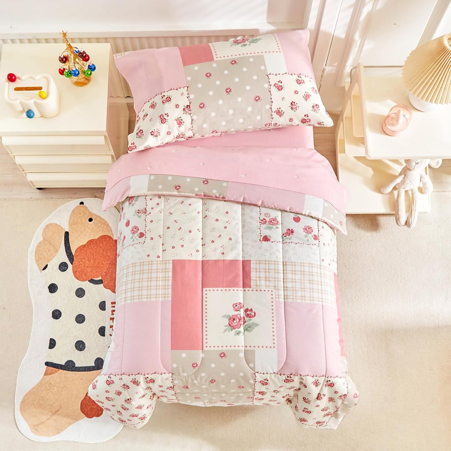 Joyreap 4-Piece Toddler Bedding Set - Pink Flower Plaid