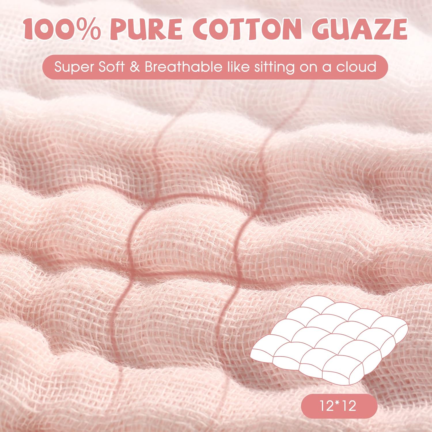 MUKIN Baby Washcloths and Burp Cloths 6 Pack 12x12 Inches Pink