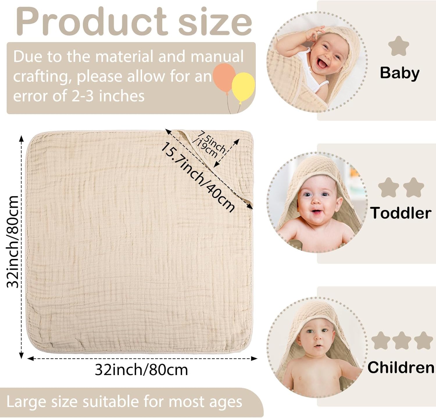 Peryiter Muslin Hooded Baby Towel - 32x32 Inch Absorbent Newborn Bath Towel