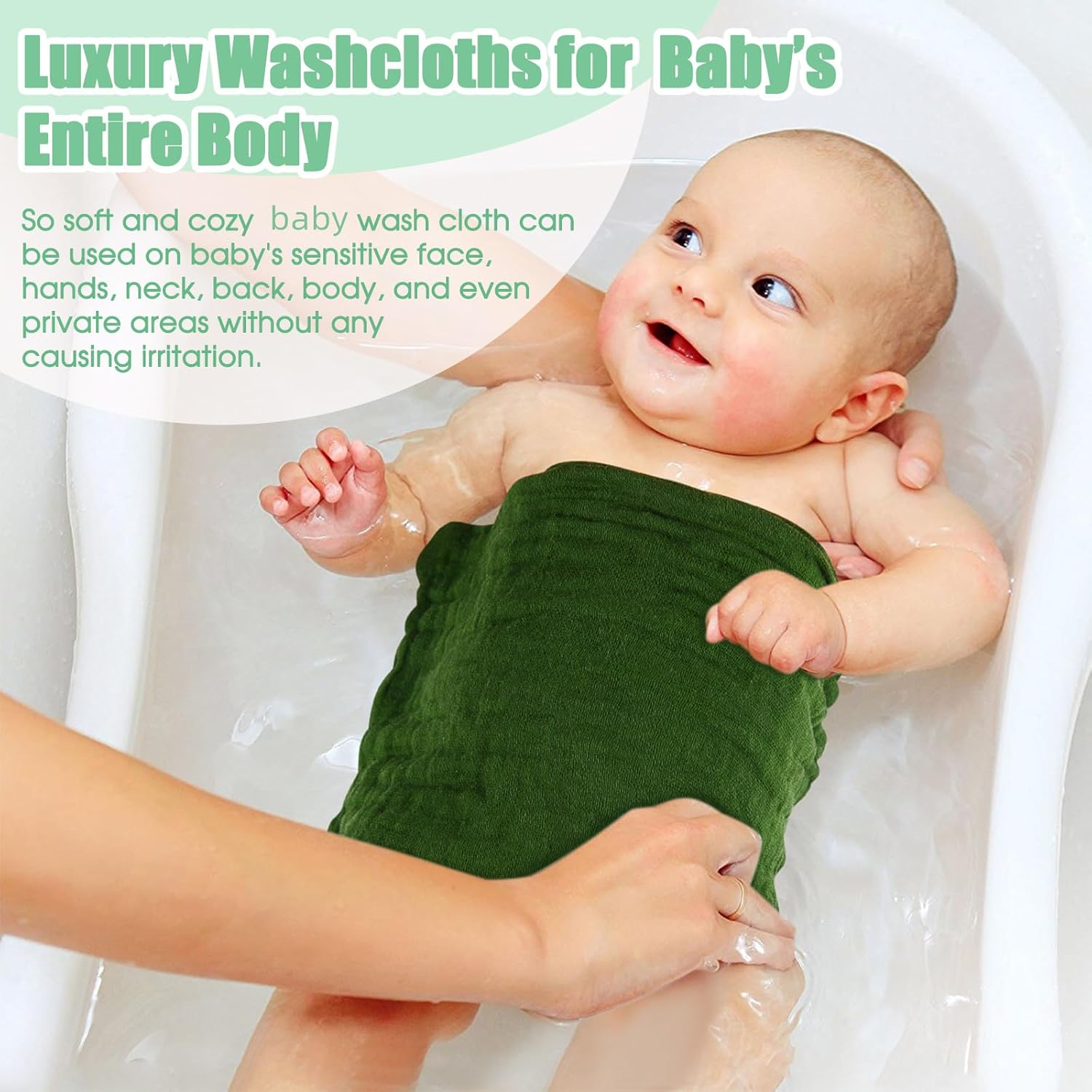 MUKIN Baby Washcloths - 6 Pack Soft Face Cloths 12x12 Inches Green