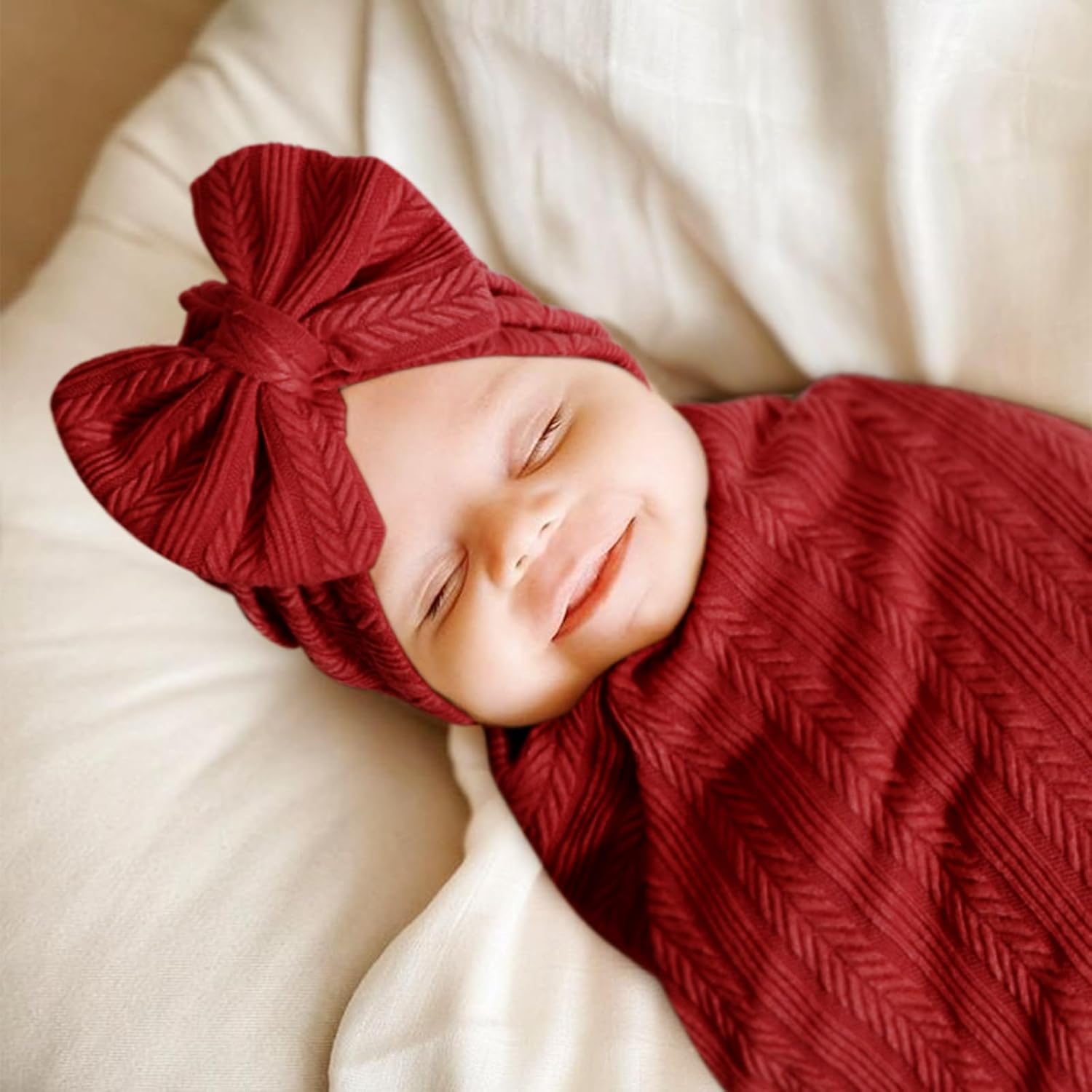 AQOKKA Newborn Receiving Blanket Set with Bow Hat Mittens