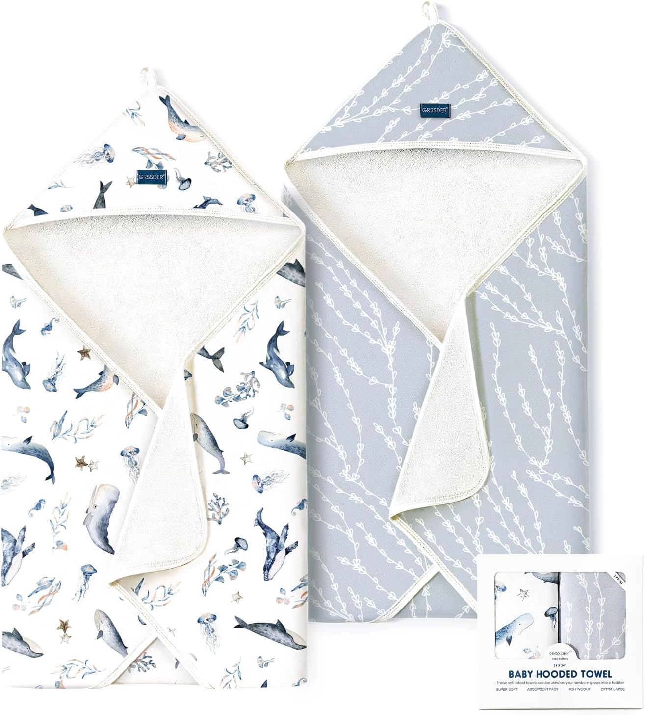GRSSDER Baby Hooded Towel 2 Pack for Newborns and Toddlers
