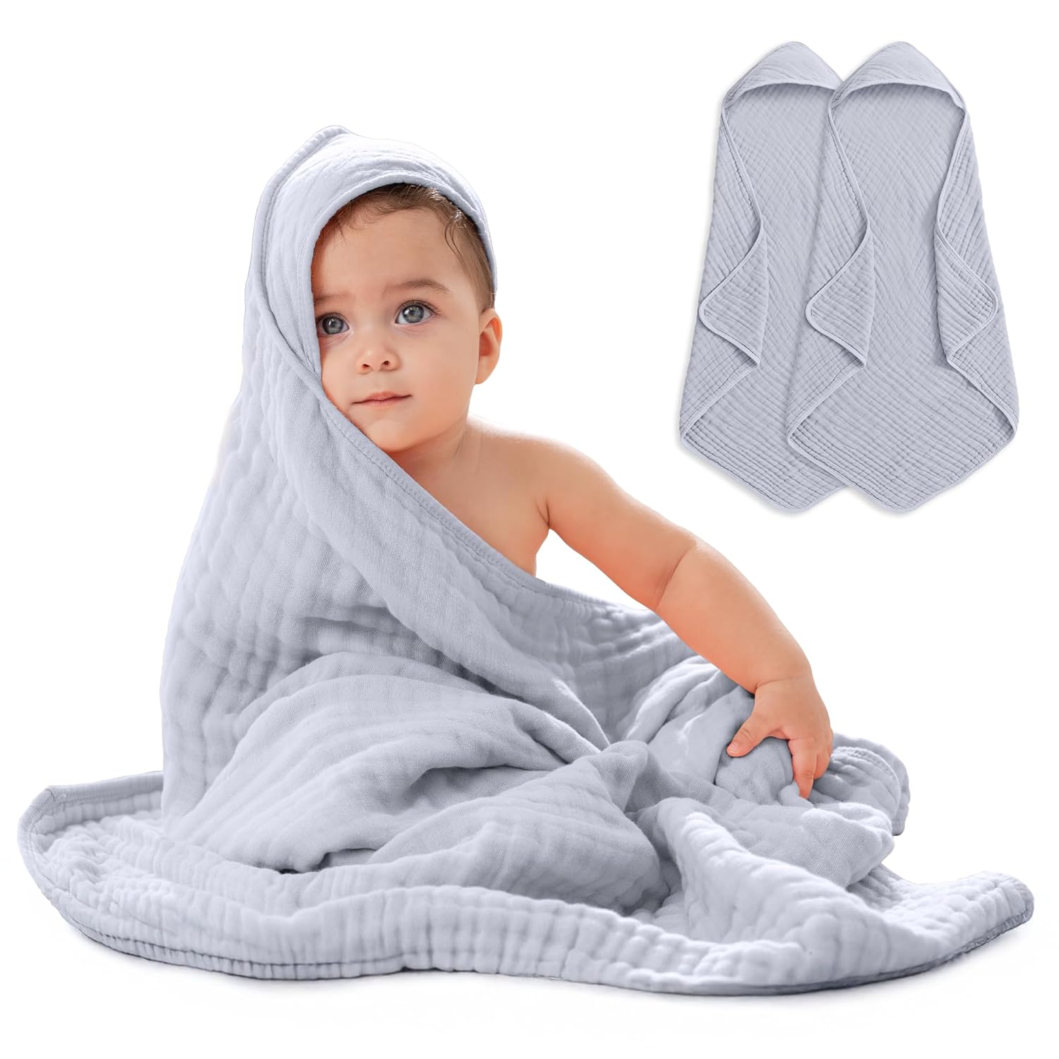 Comfy Cubs 6-Layer Hooded Baby Towel 2-Pack - Slate