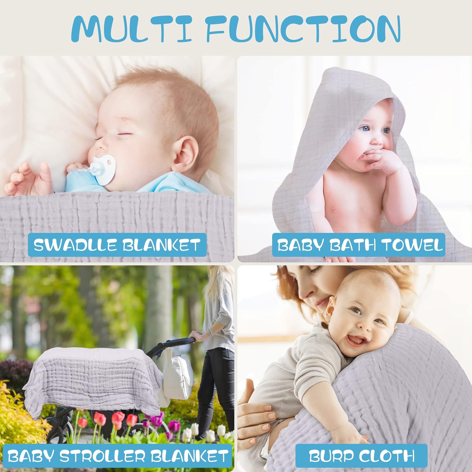 Asung 3 Pack Muslin Baby Towels 6 Layers Grey 1