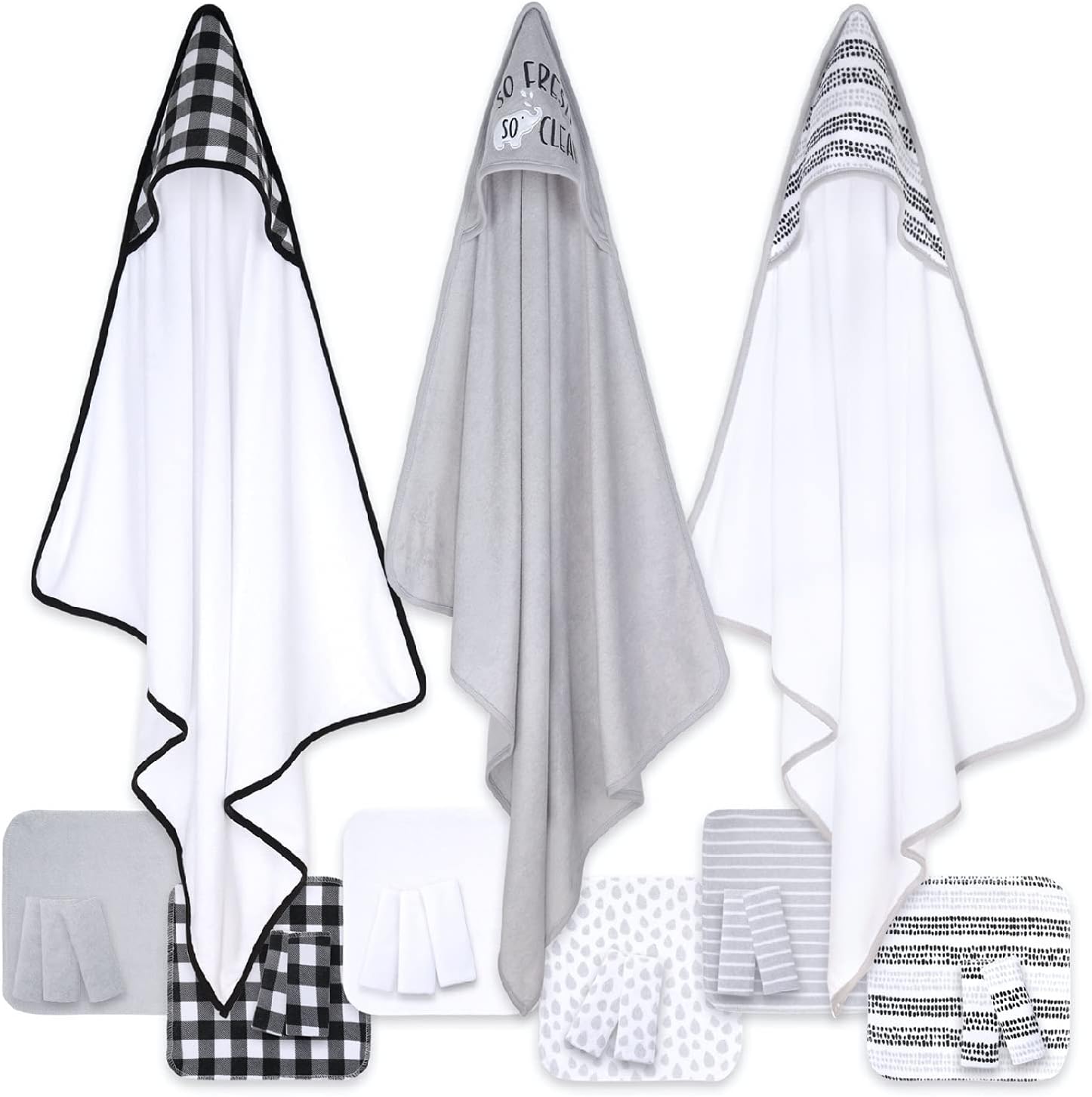 The Peanutshell Baby Hooded Towel Set - 23 Piece Black Plaid and Stripe