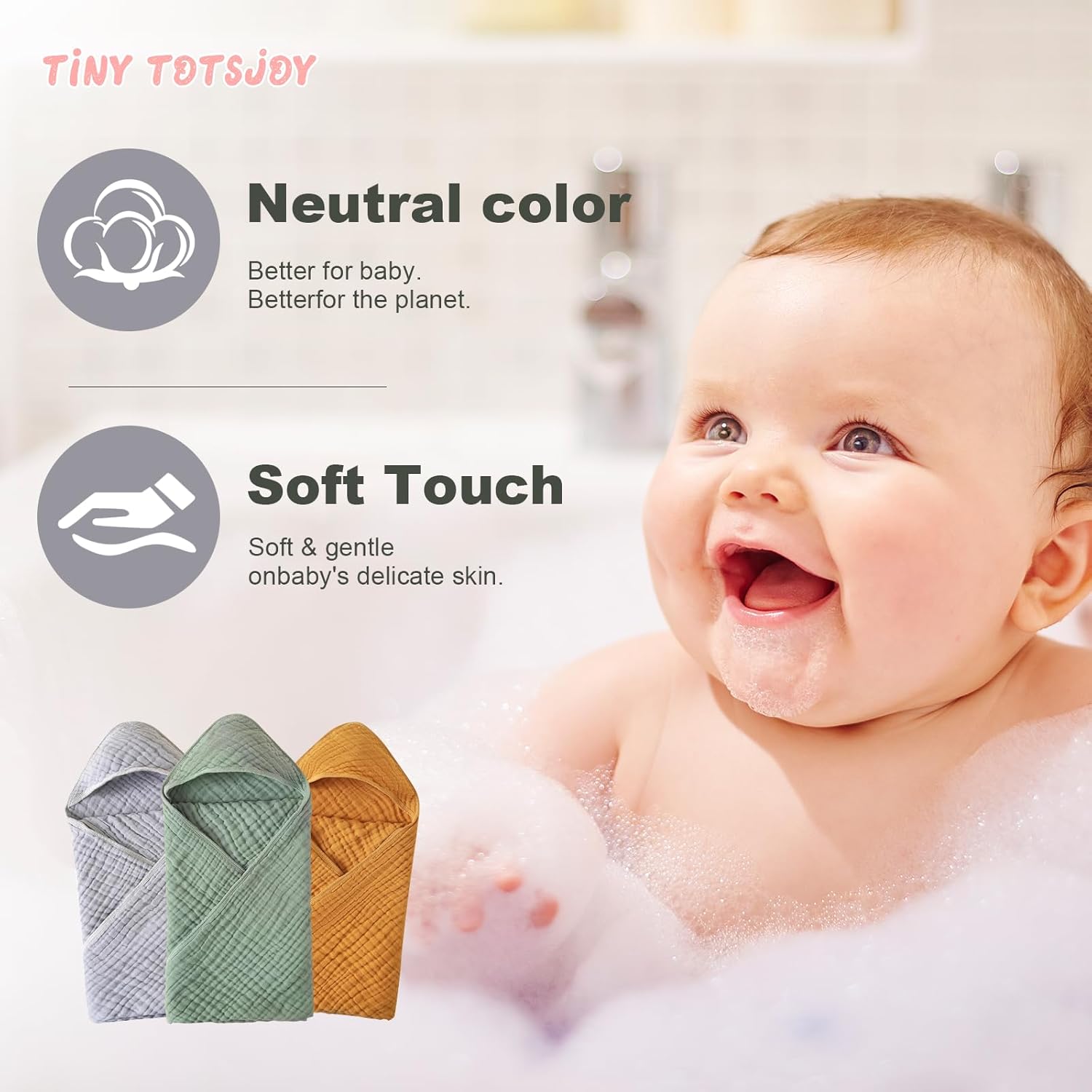 TinyTotsJoy Hooded Baby Towel 35x35 Inch Grey