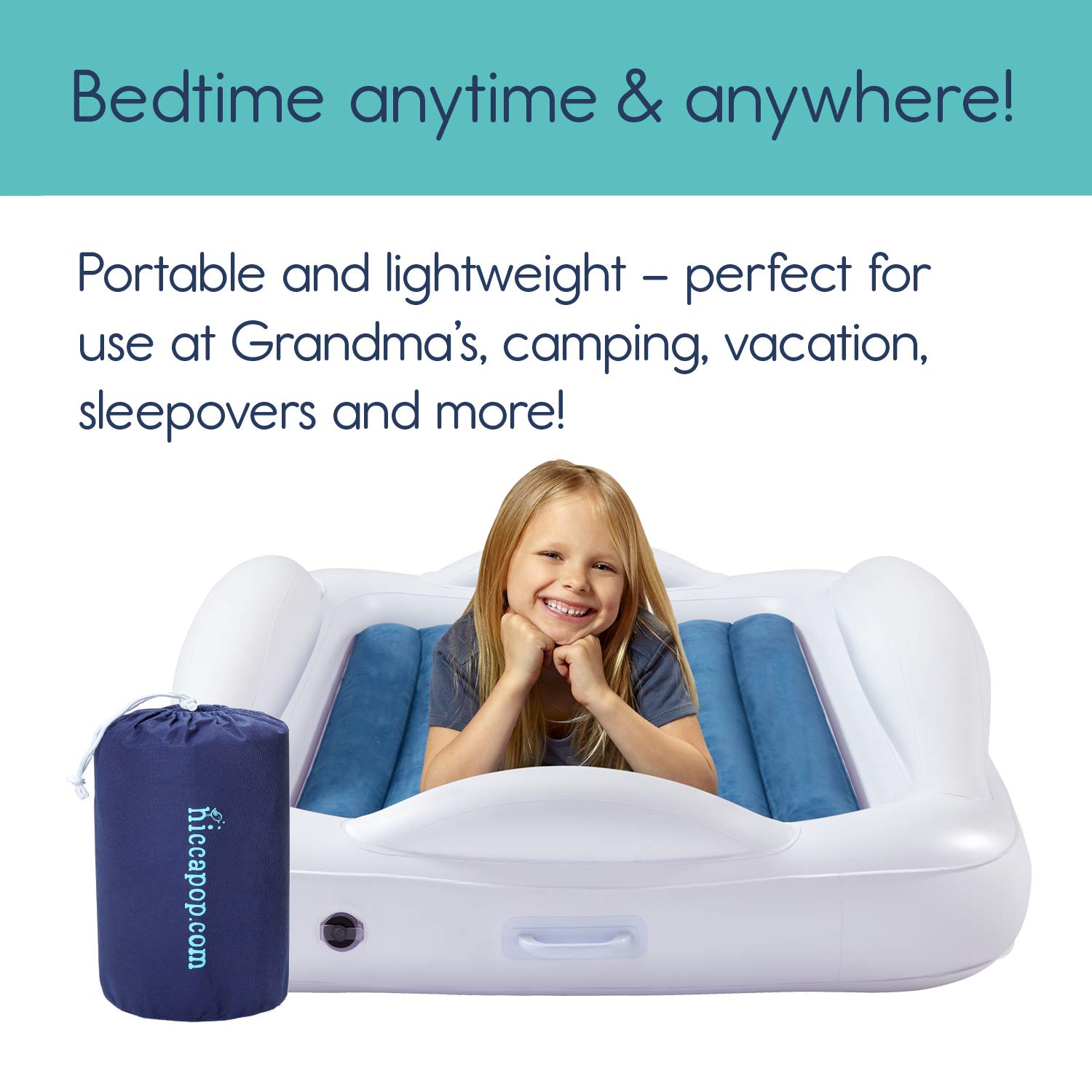 hiccapop Inflatable Toddler Travel Bed with 4-Sided Safety Bumpers Navy Blue
