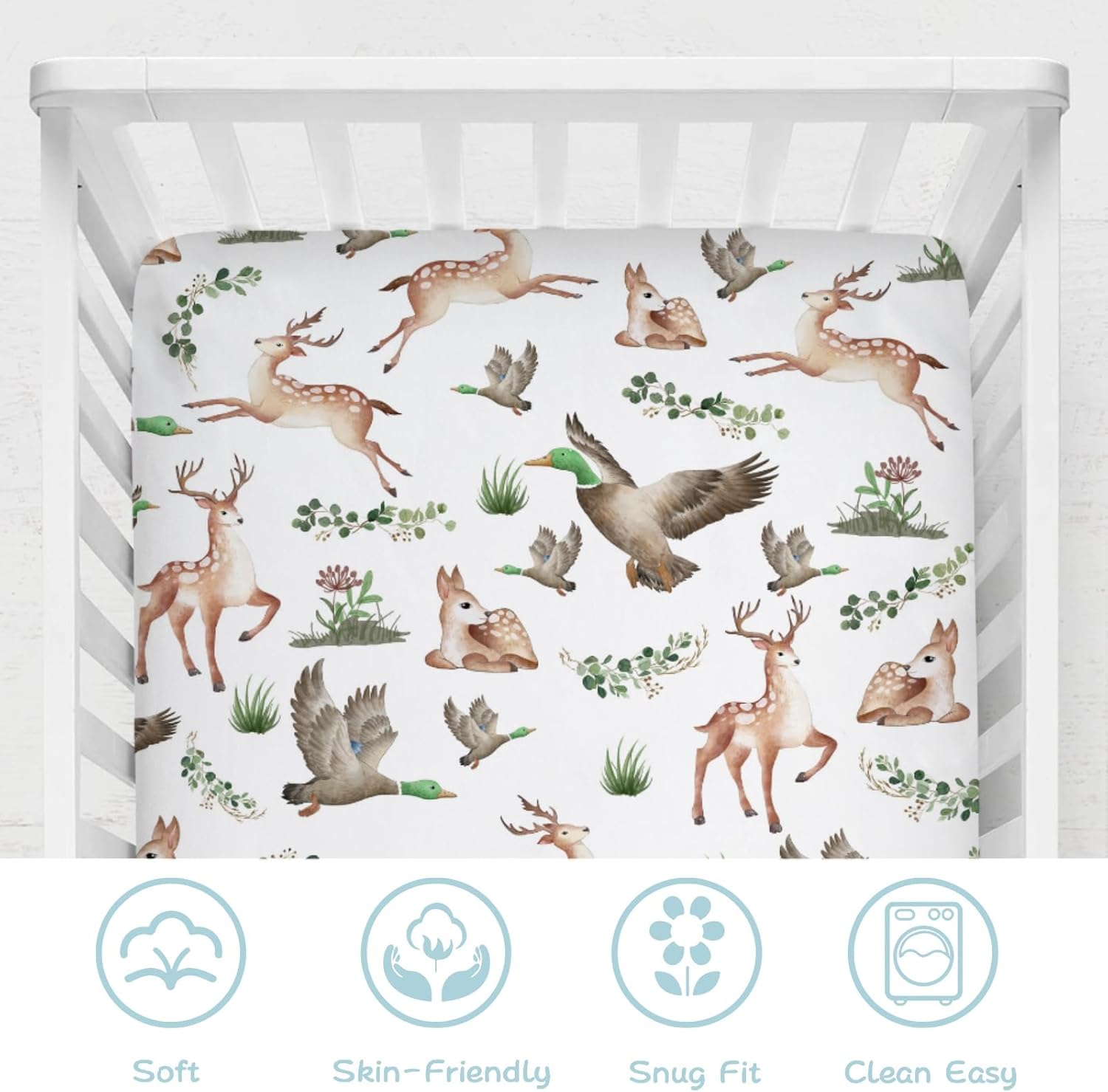 KASTLEE Crib Sheets with Deer and Duck Print 52x28 Soft Breathable