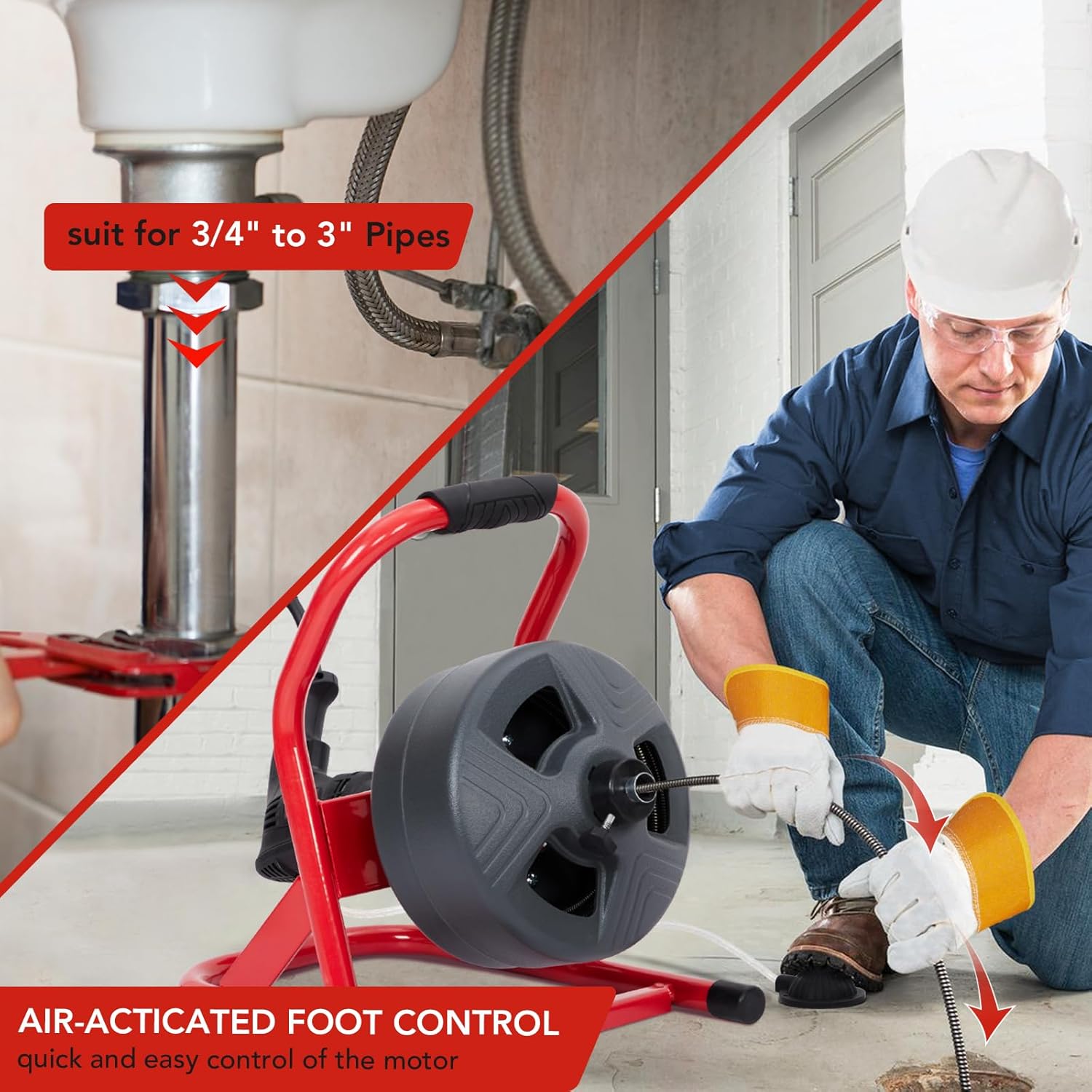 Garvee Electric Drain Auger with 6 Cutters and Foot Switch