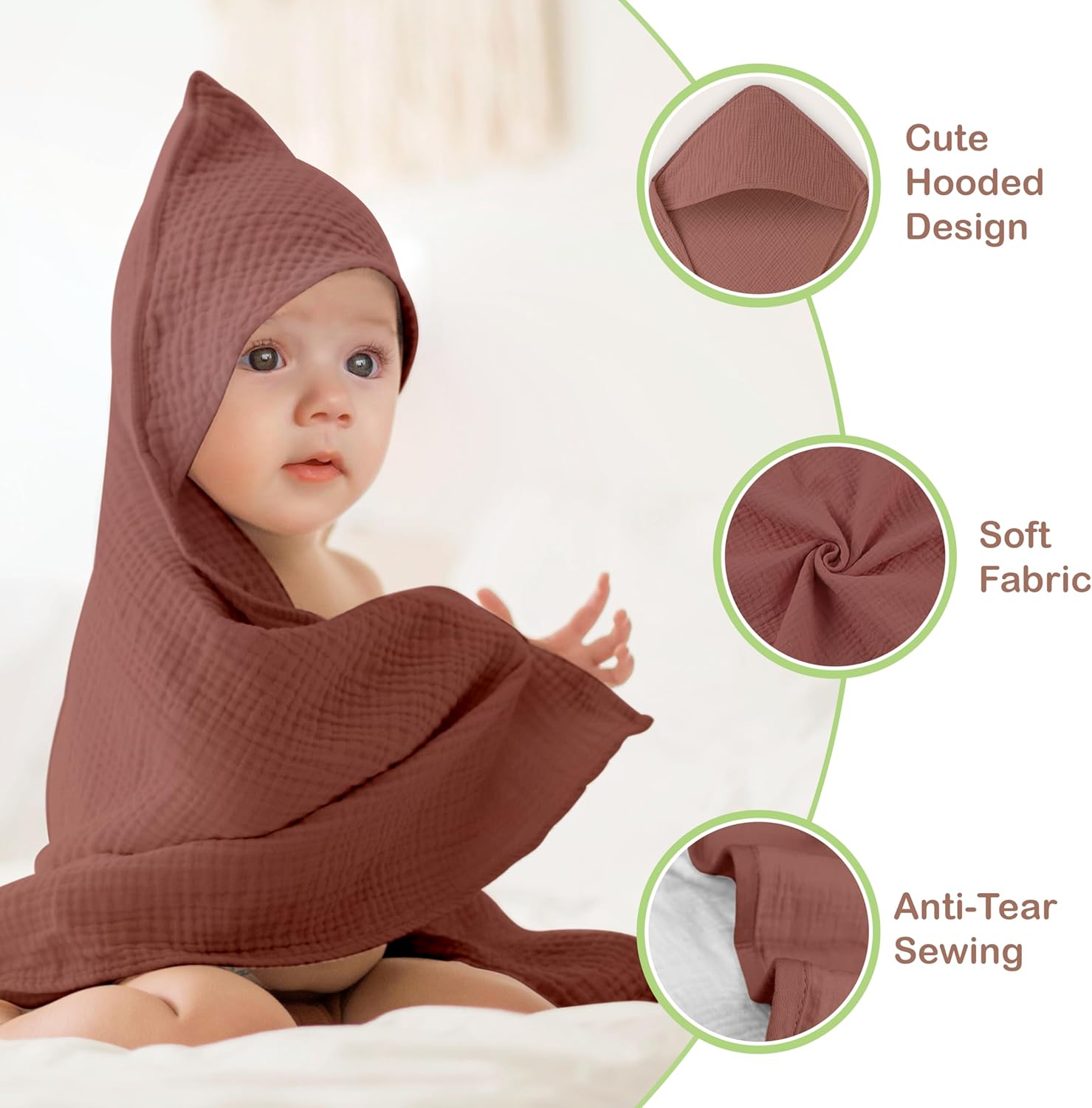 Organic Cotton Muslin Baby Hooded Towels - 2 Pack 32x32 Inch