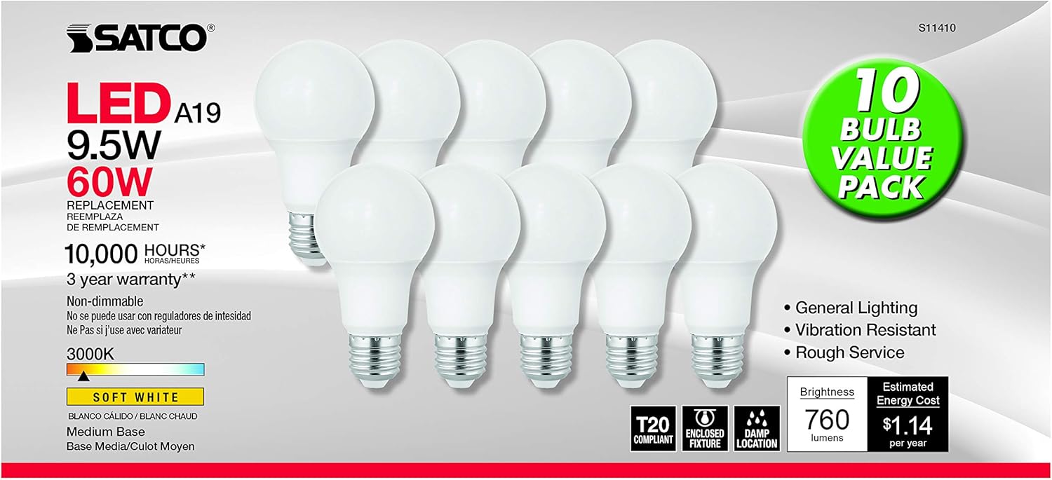 Satco 95W A19 LED Bulbs 10 Pack Warm White 3000K