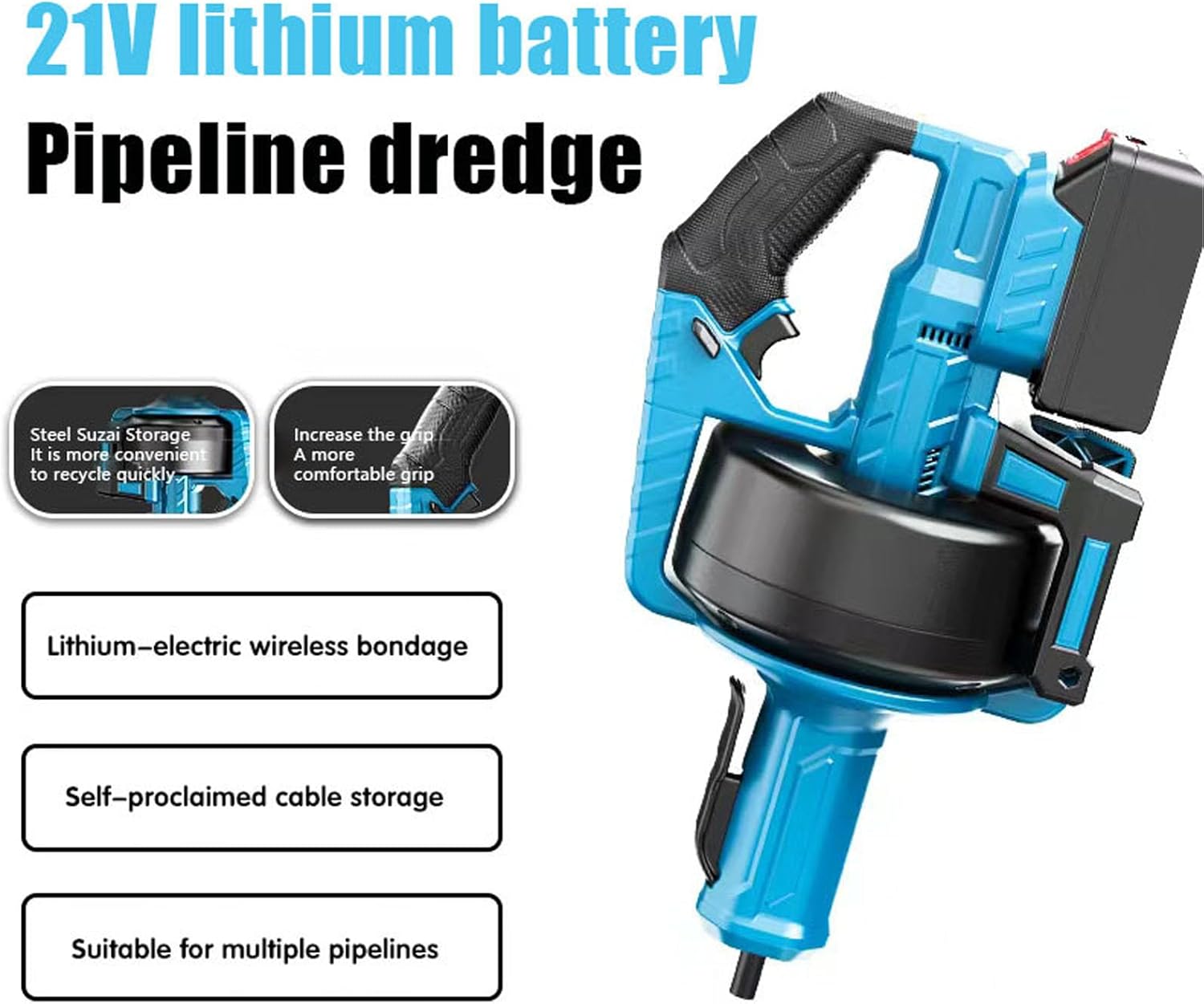 Cordless Electric Drain Auger with Adjustable Speed and Replaceable Hose