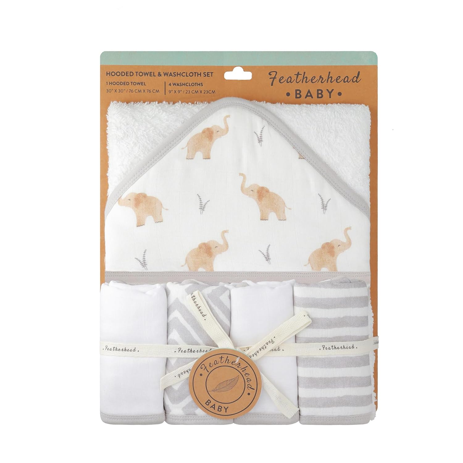 Featherhead 5-Piece Cotton Muslin Hooded Towel Washcloths Set for Baby Boy