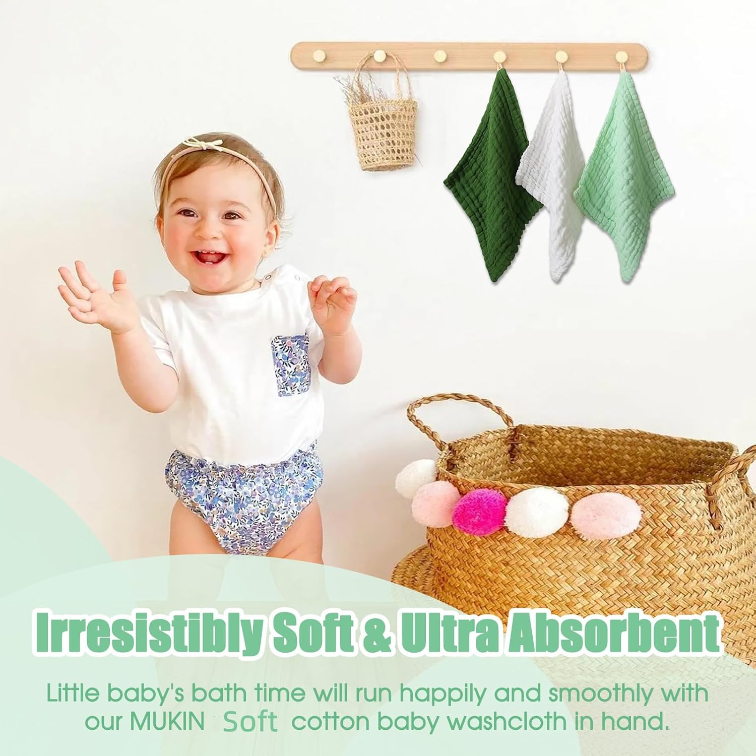 MUKIN Baby Washcloths - 6 Pack Soft Face Cloths 12x12 Inches Green