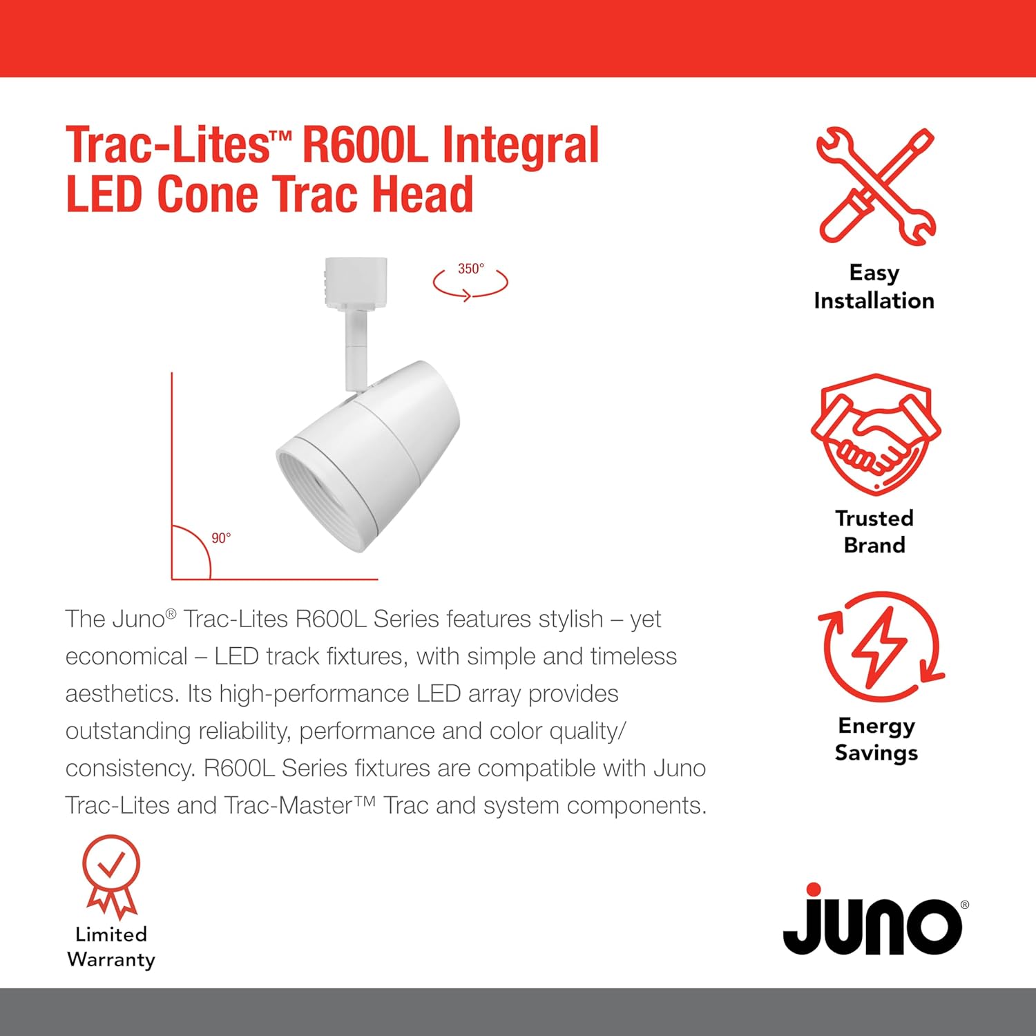 Juno Lighting R600L G2 LED Track Head 95W 50W Equivalent White Dimmable