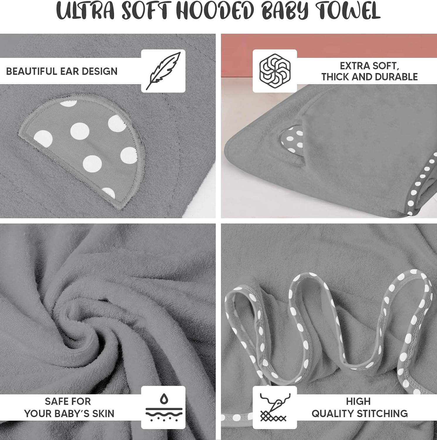 Set of 2 Hooded Baby Towels Grey 400 GSM