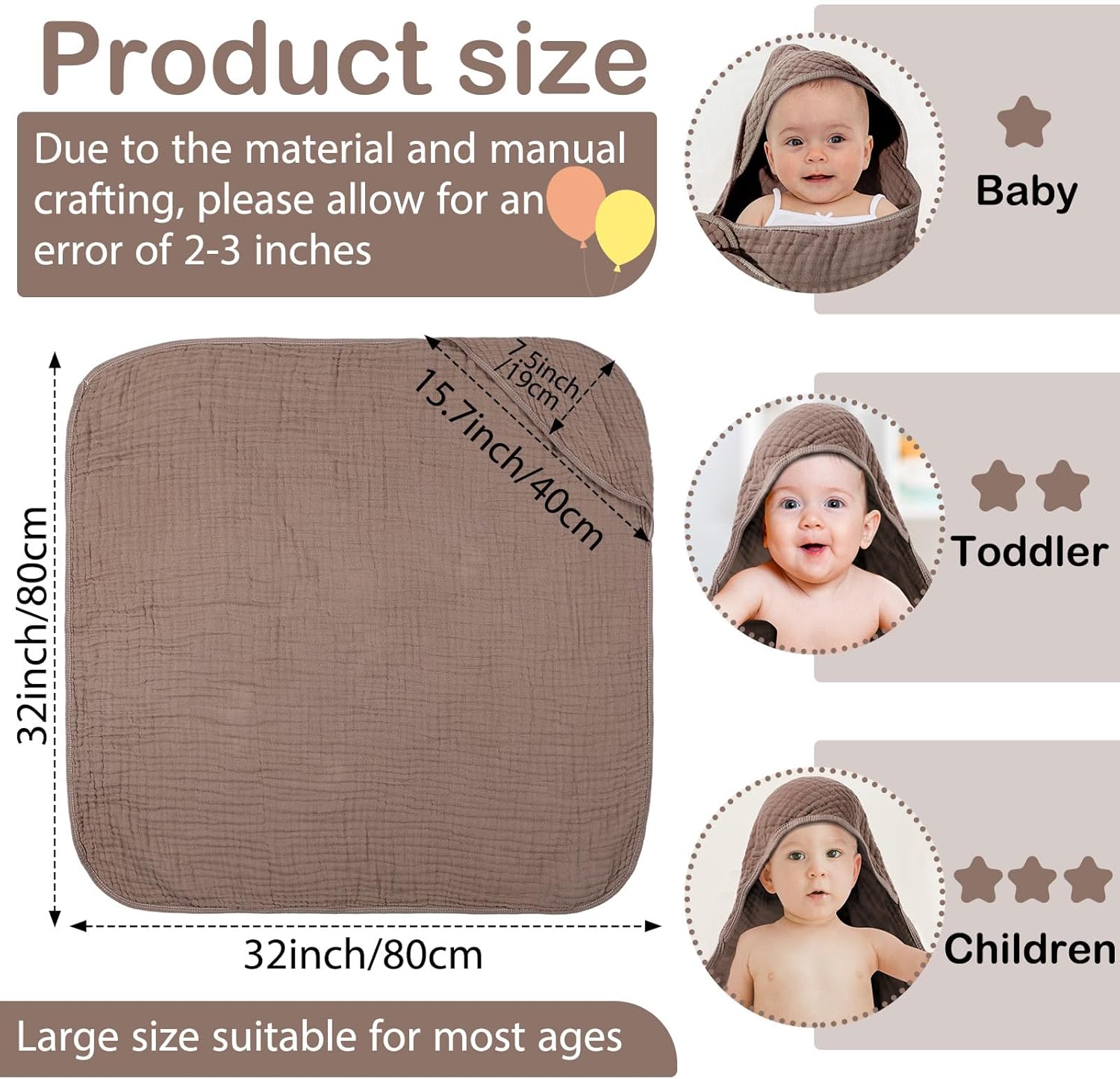 Peryiter Muslin Hooded Baby Towel 32x32 Inch Cotton Towel for Newborn