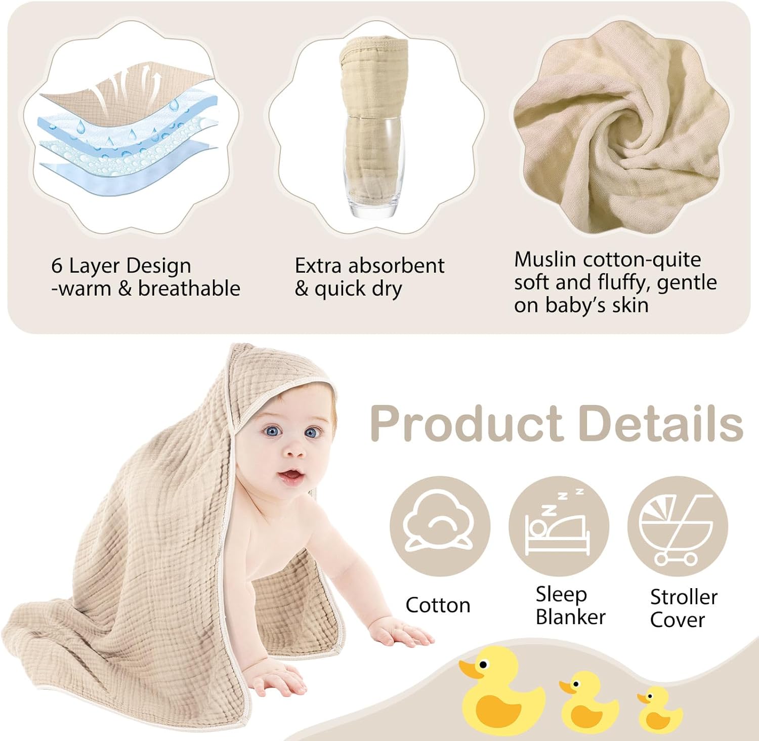 Peryiter Muslin Hooded Baby Towel - 32x32 Inch Absorbent Newborn Bath Towel