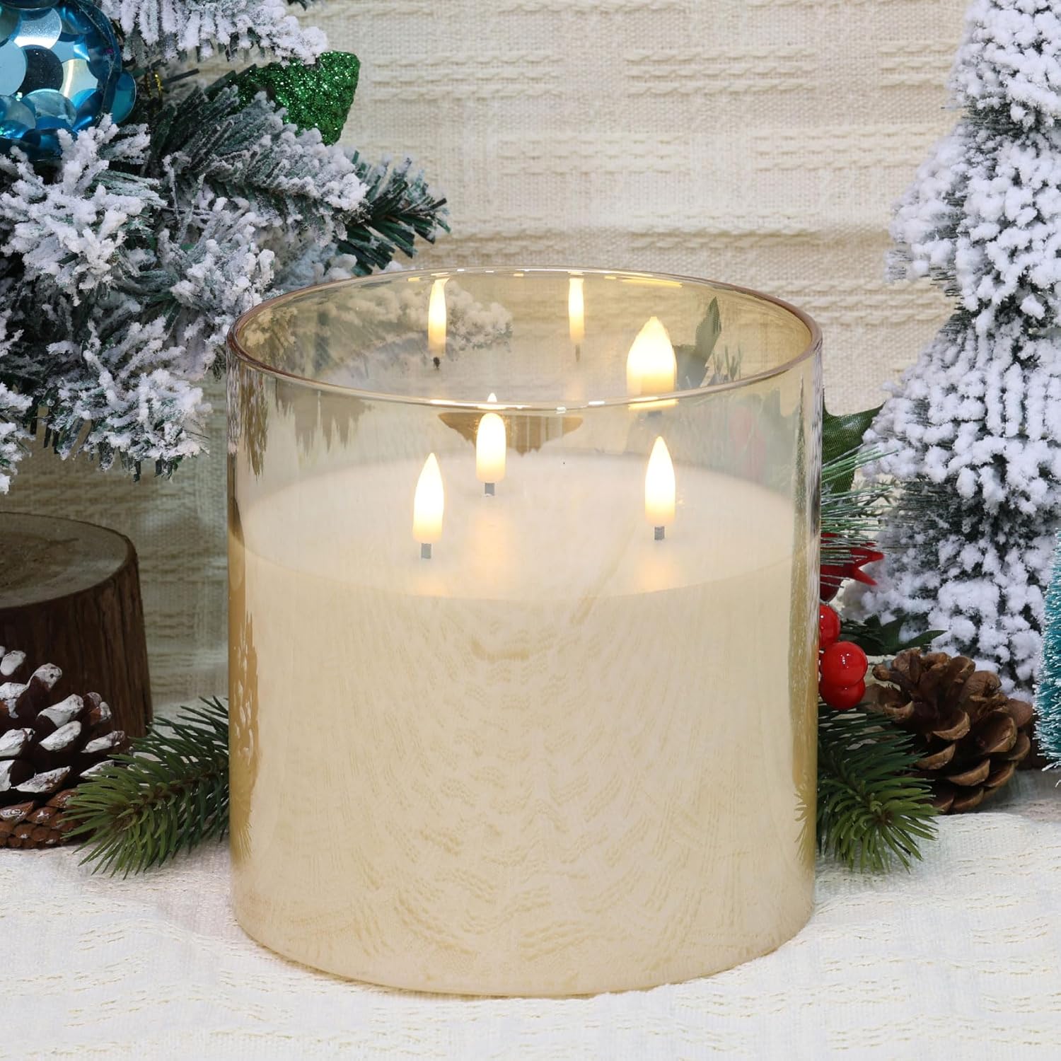 Eywamage 3 Wick Gold Glass Flameless Candle with Remote Control
