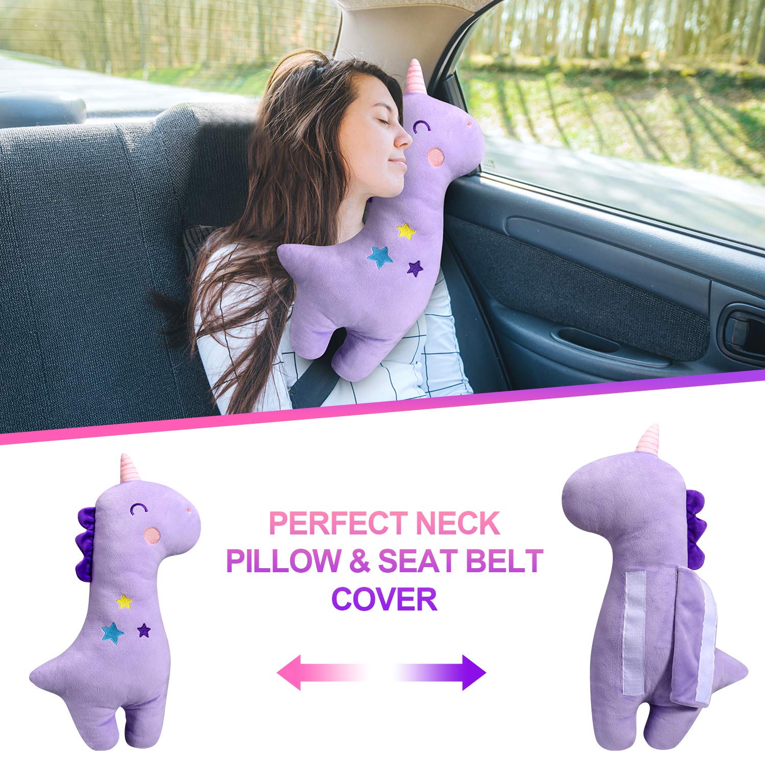 Farochy Unicorn Seat Belt Pillow for Kids Purple