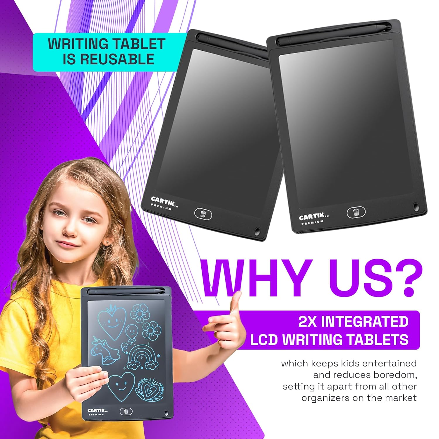 Set of 2 PU Leather Car Seat Organizers with LCD Drawing Tablets 1