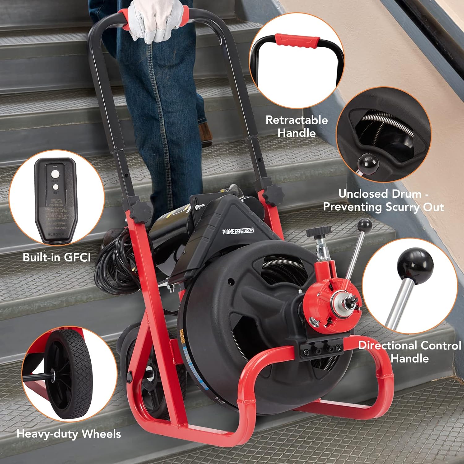 PioneerWorks 100Ft Drain Auger with Electric Cleaner and 6 Cutters