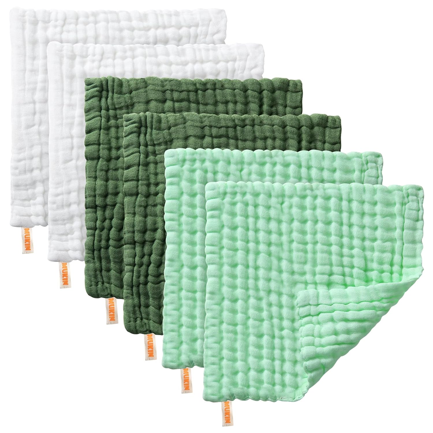 MUKIN Baby Washcloths - 6 Pack Soft Face Cloths 12x12 Inches Green