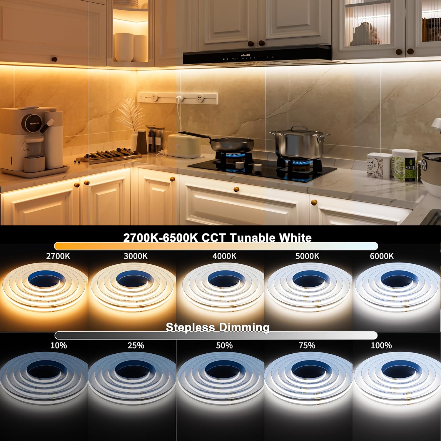 MIWISE CCT COB LED Strip Light Tunable White 20ft