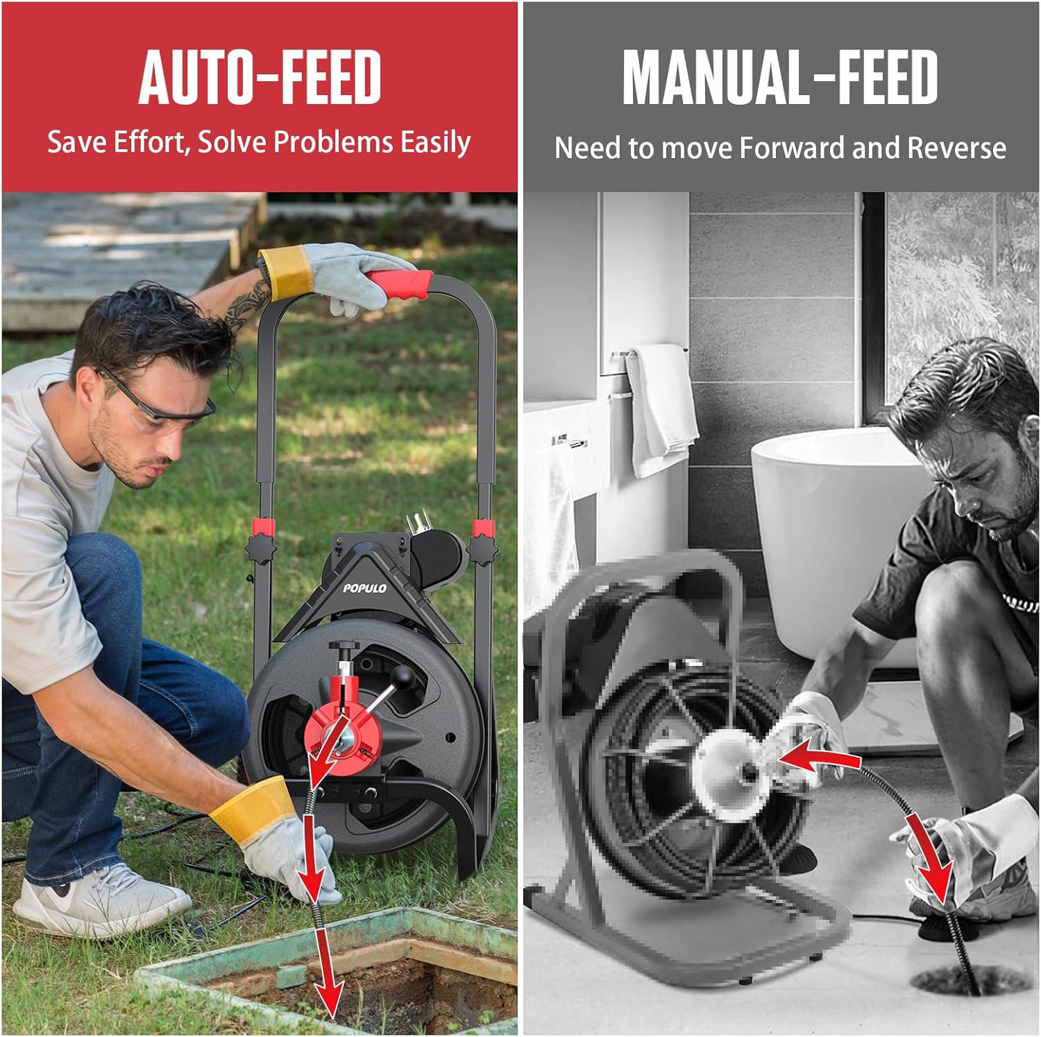 POPULO Auto Feed Drain Auger 50FT 12 Inch Electric